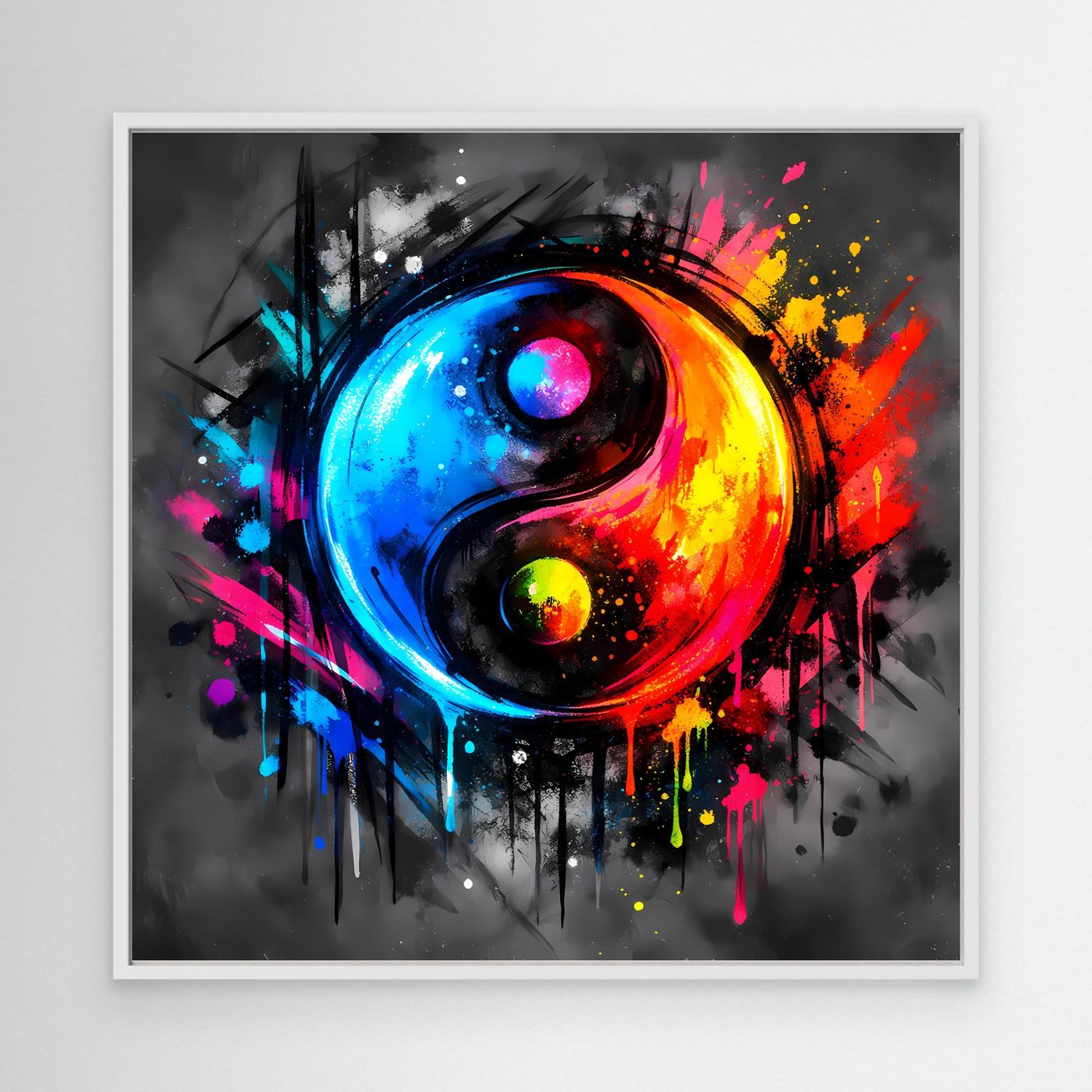 Leinwandbild mit abstraktem Yin-Yang-Motiv, bunt gespritzt, weißer Rahmen