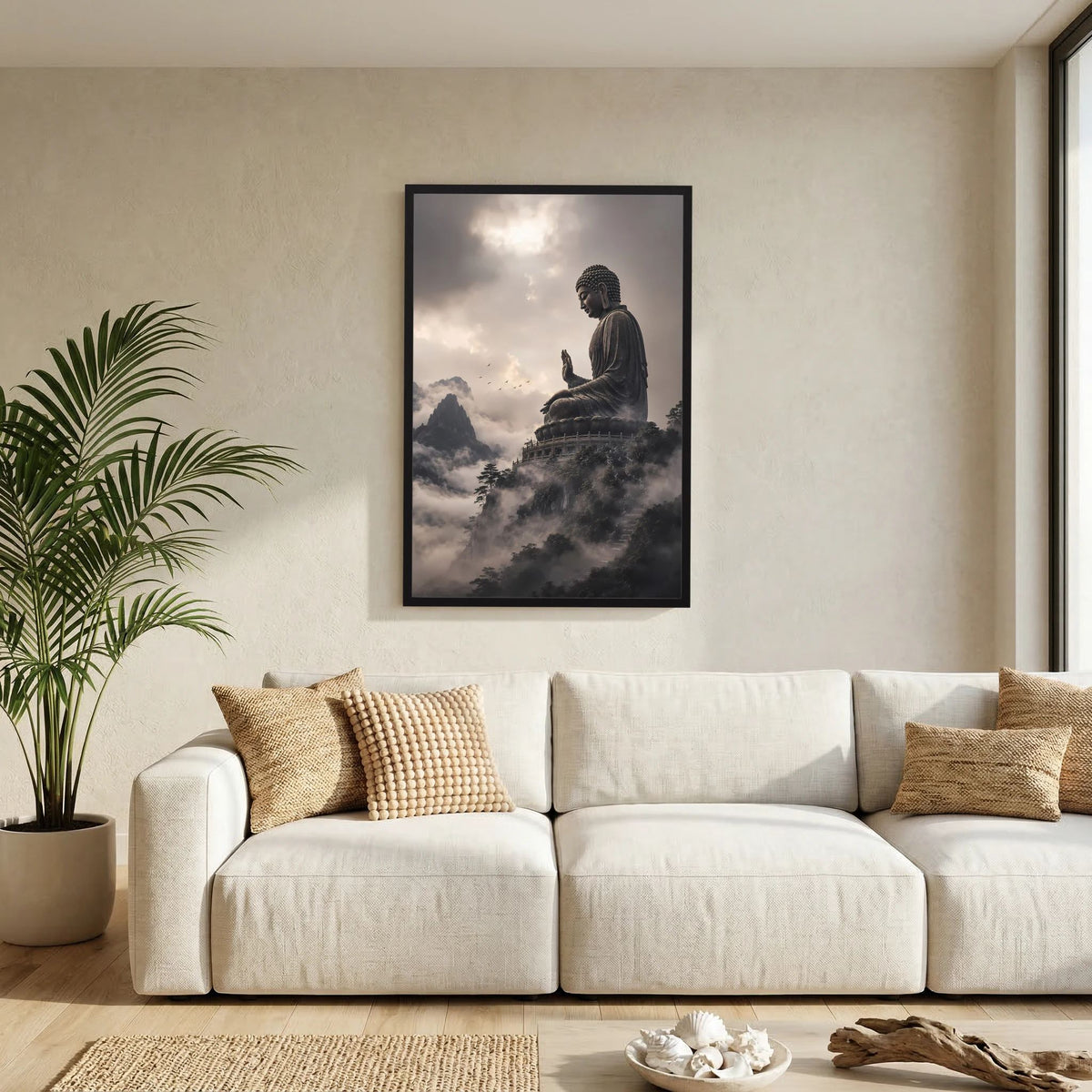 Poster (Hochformat) mit Buddha-Statue auf Wolkenberg, schwarzer Rahmen