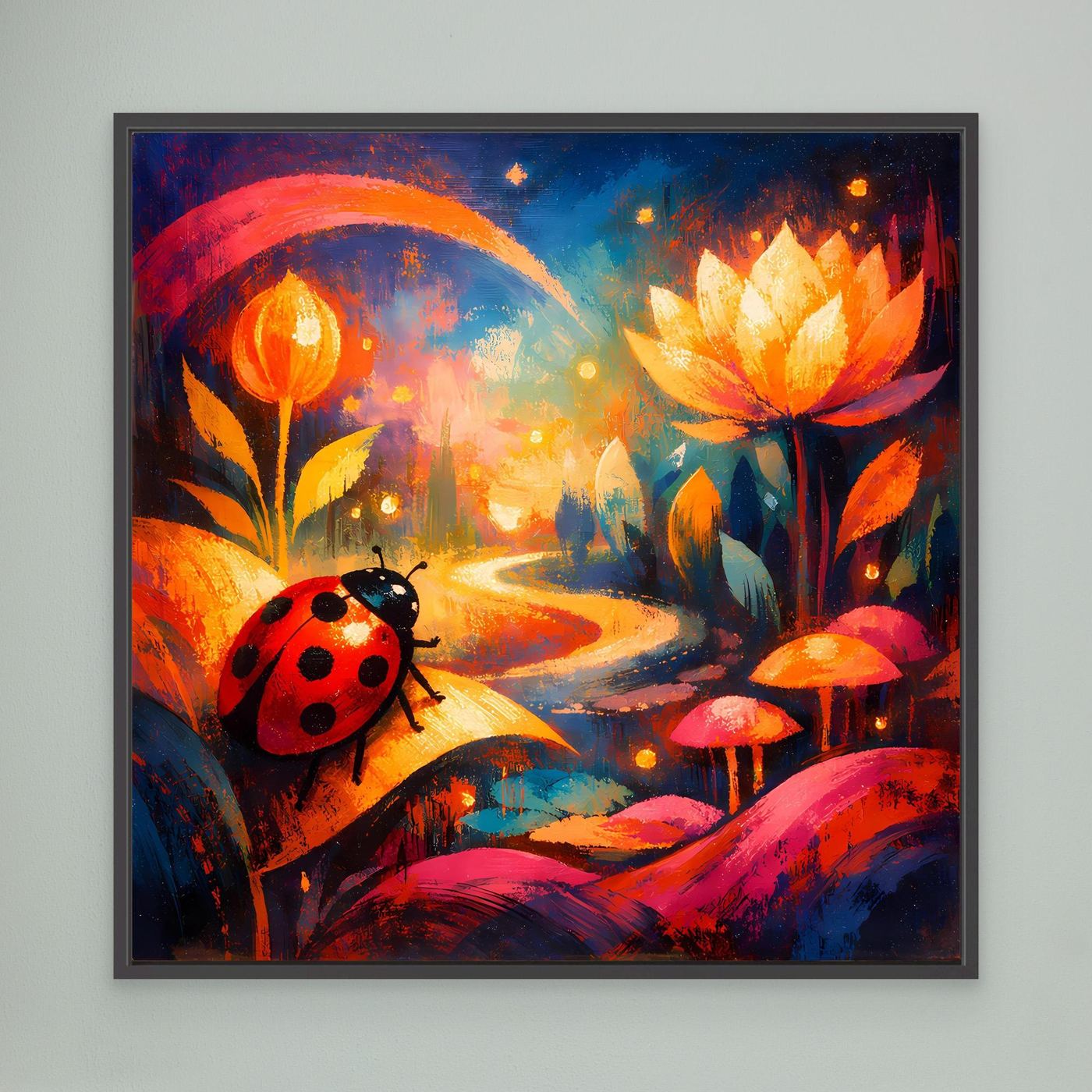 Wandbild mit Marienkäfer auf farbigem Pfad und gelben Blüten, schwarzer Rahmen