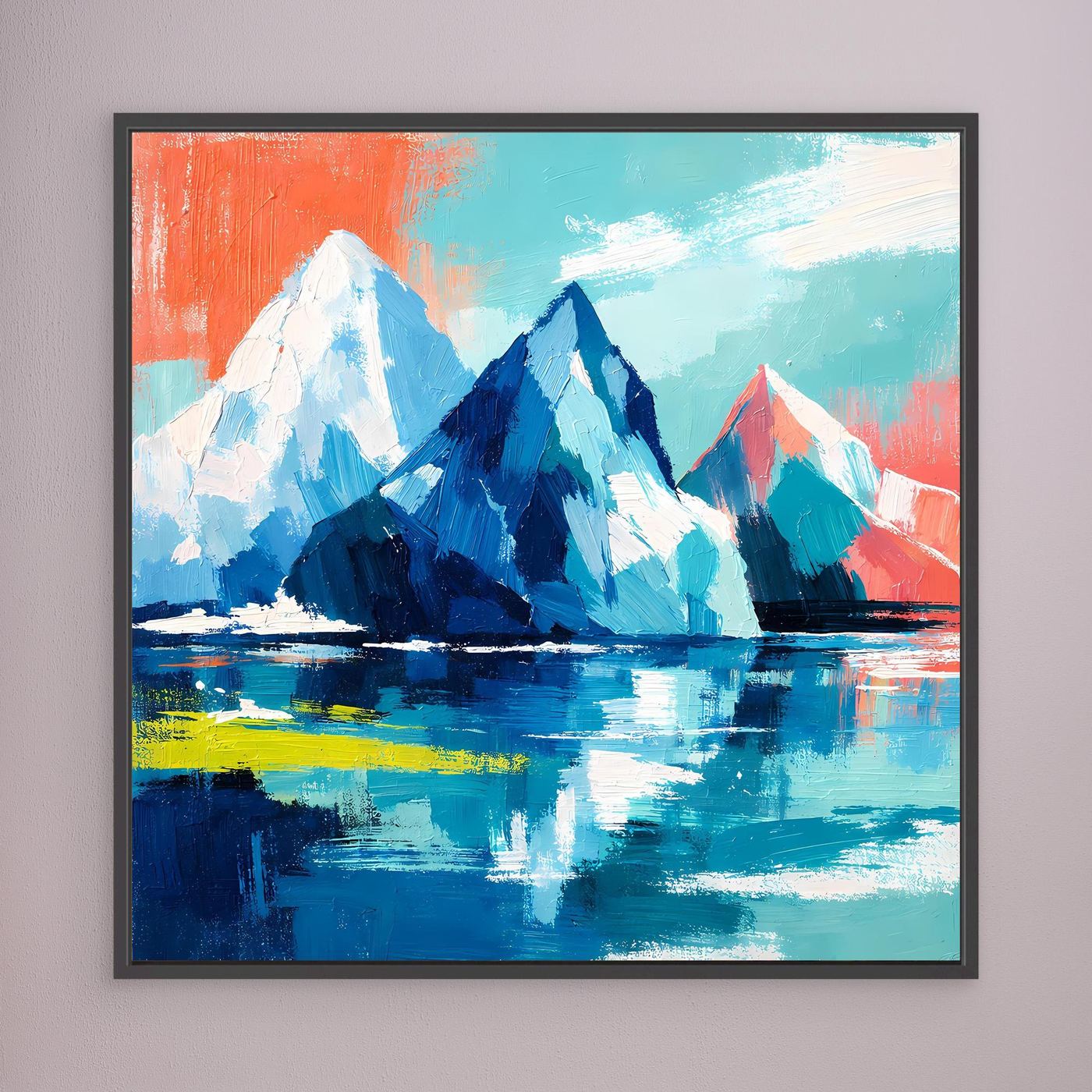 Abstract iceberg and mountain painting with blue sea reflection, dark frame
