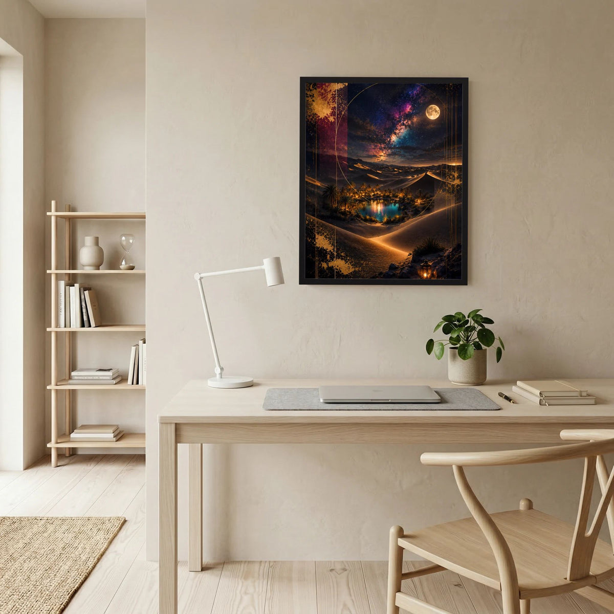 Hochformatposter im schwarzen Rahmen: goldene Dünen, Sternenhimmel und Vollmond über der Oase