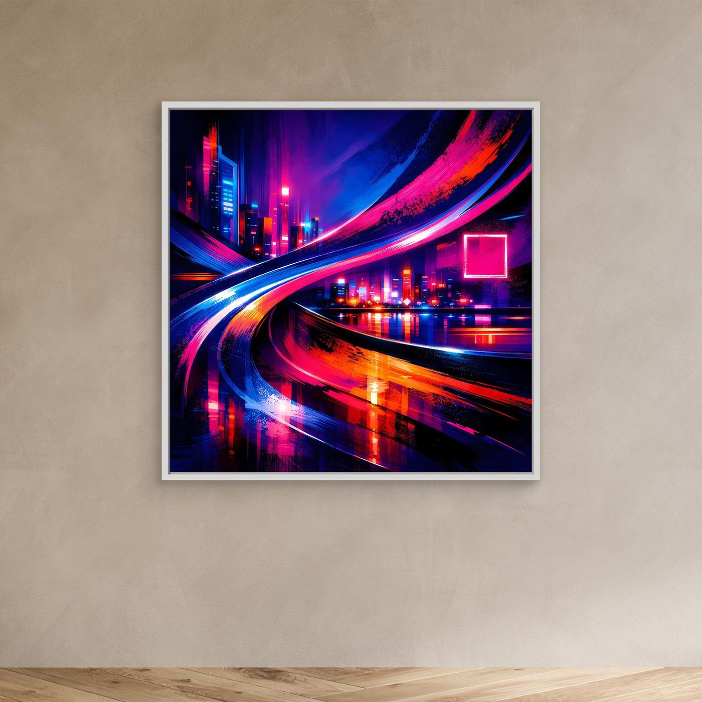 Leinwandbild mit weißem Rahmen, Cyberpunk-Neon-Skyline und rote-blaue Lichtspuren