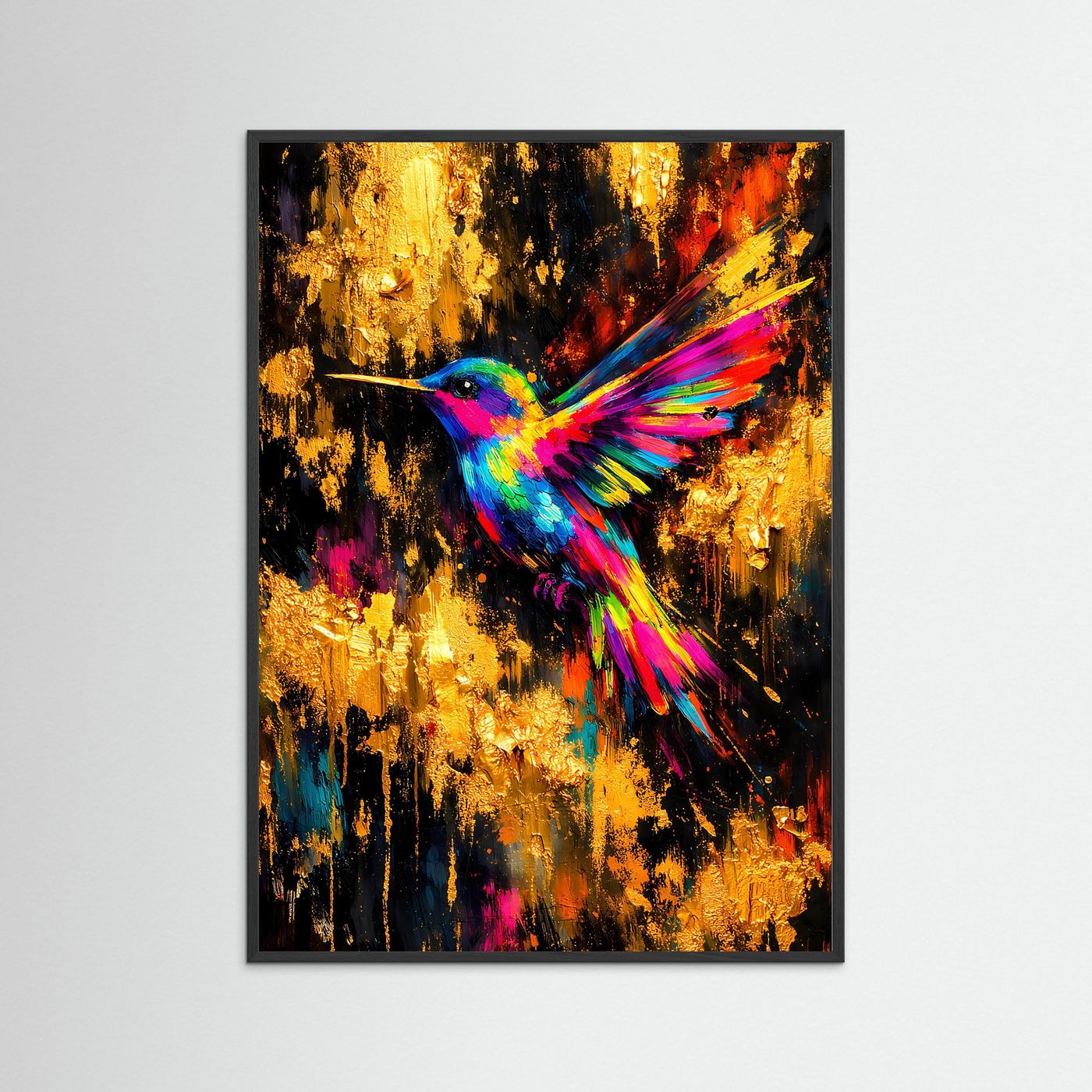 Kolibri-Kunstposter im Hochformat mit schwarzem Rahmen, buntes Kolibri-Motiv auf Gold