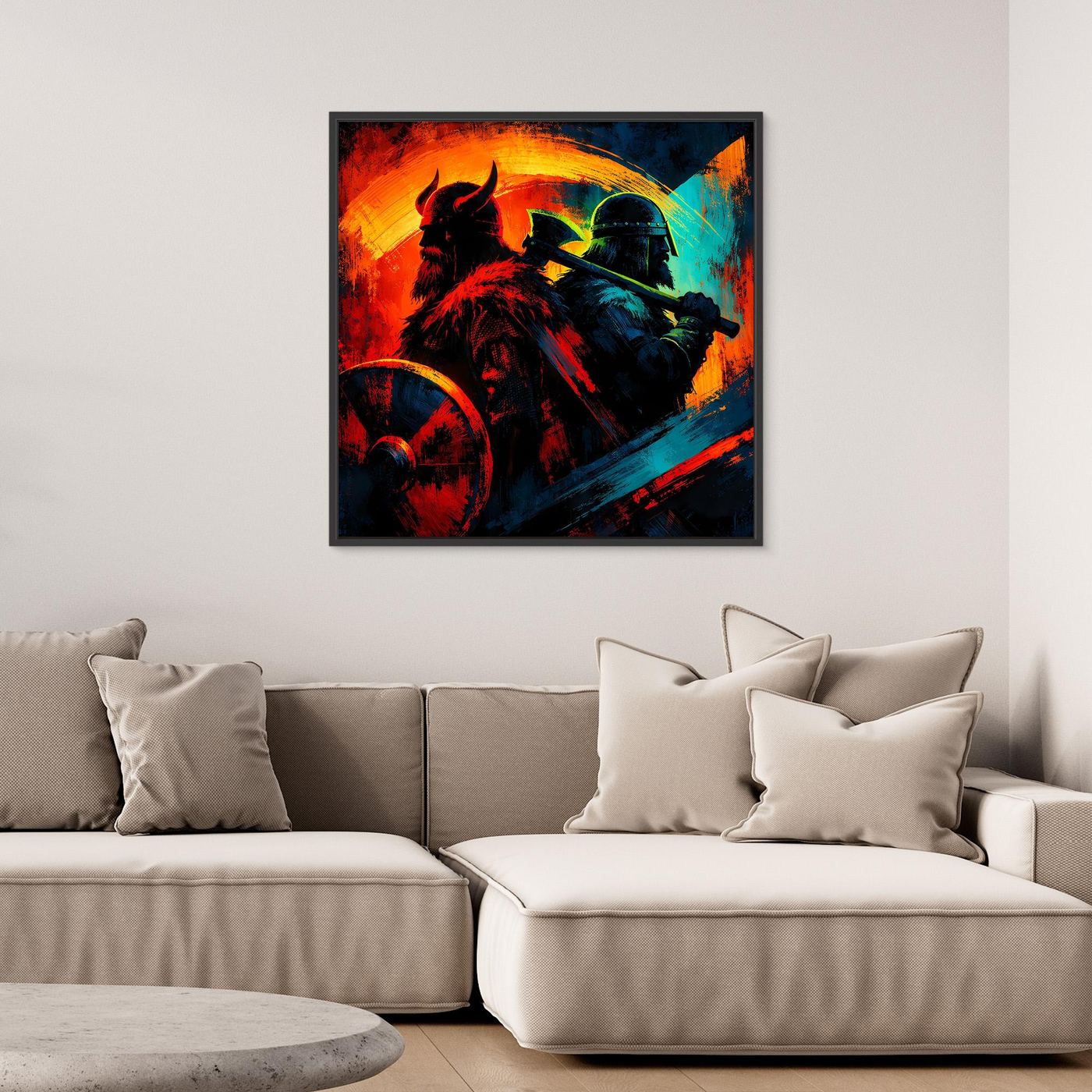 Gerahmtes Wandbild mit Wikingerkrieger-Silhouette, leuchtende Farbgestaltung