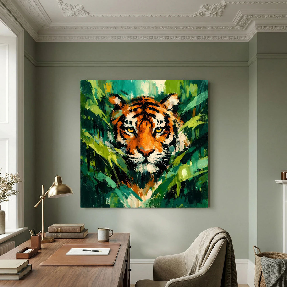 Leinwand Abstraktes Tiger Gemälde | Modernes Wandbild Raubkatze Dschungel Grün Orange
