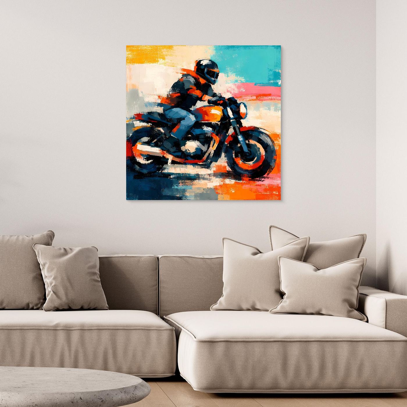 Abstract biker canvas wall art with a dark motorcycle and orange accents