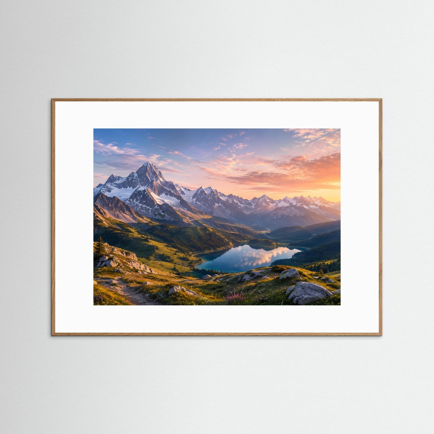 Gerahmtes Alpenfoto mit Bergpanorama und Tal mit See im Sonnenuntergang, brauner Holzrahmen