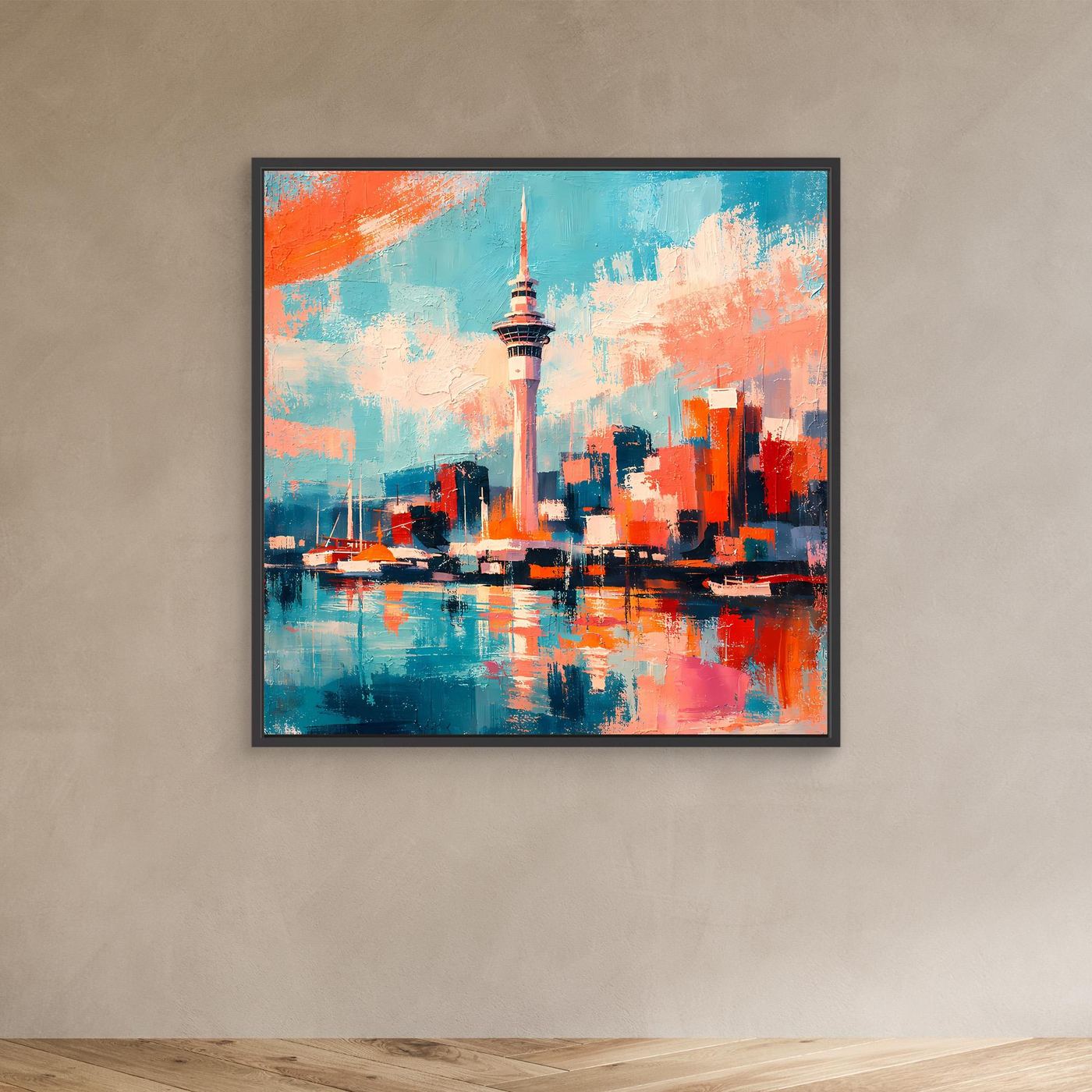 Abstraktes Leinwandbild mit Skyline und Turm, Blau-, Orange- und Rottöne, schwarzer Rahmen