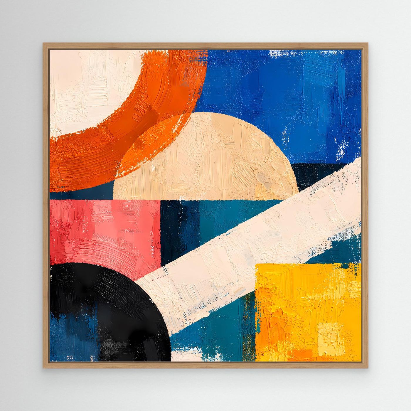 Canvas abstract geometric painting with light wood frame, orange blue red yellow black