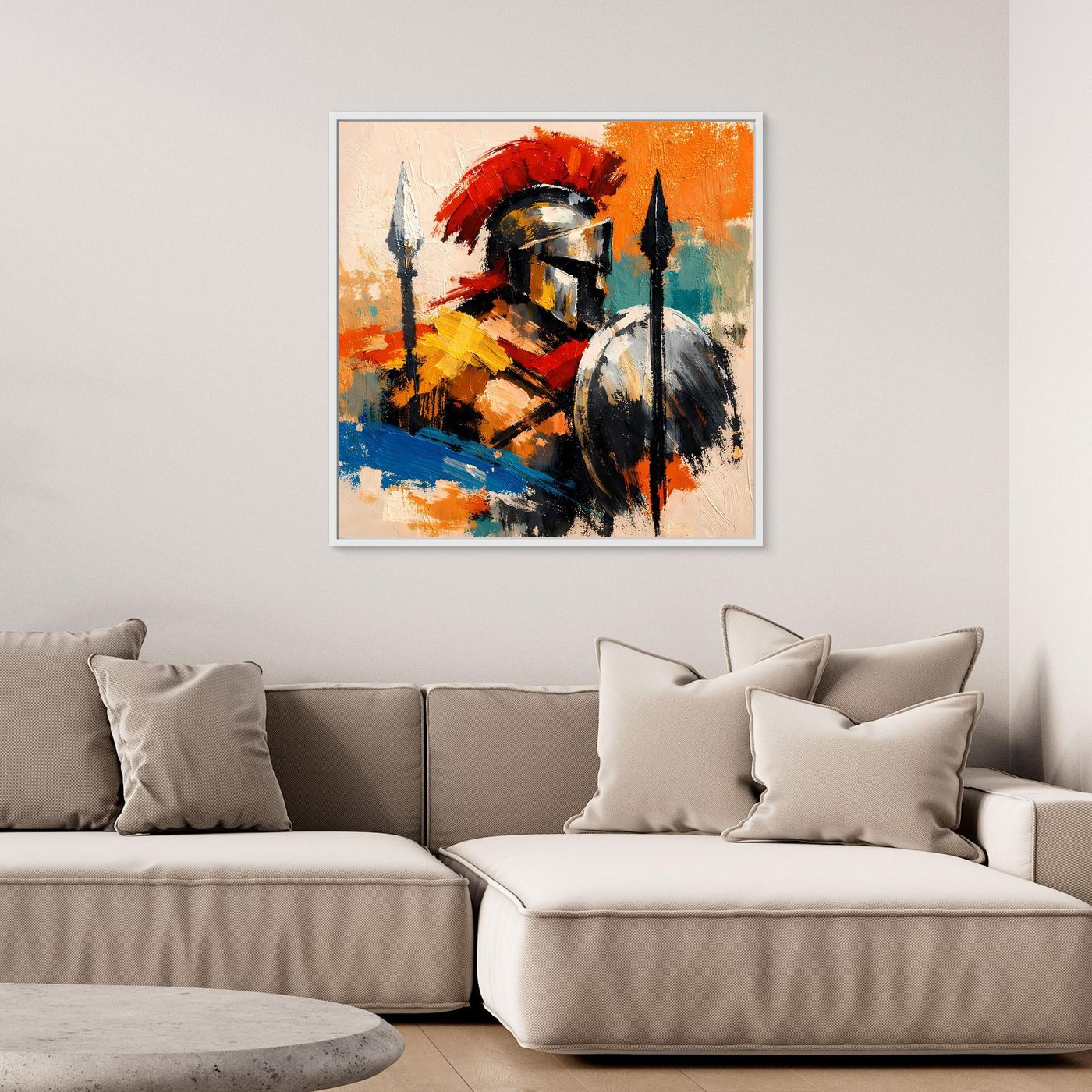 Framed abstract gladiator canvas wall art showing helmet, spear, and shield in red and dark tones