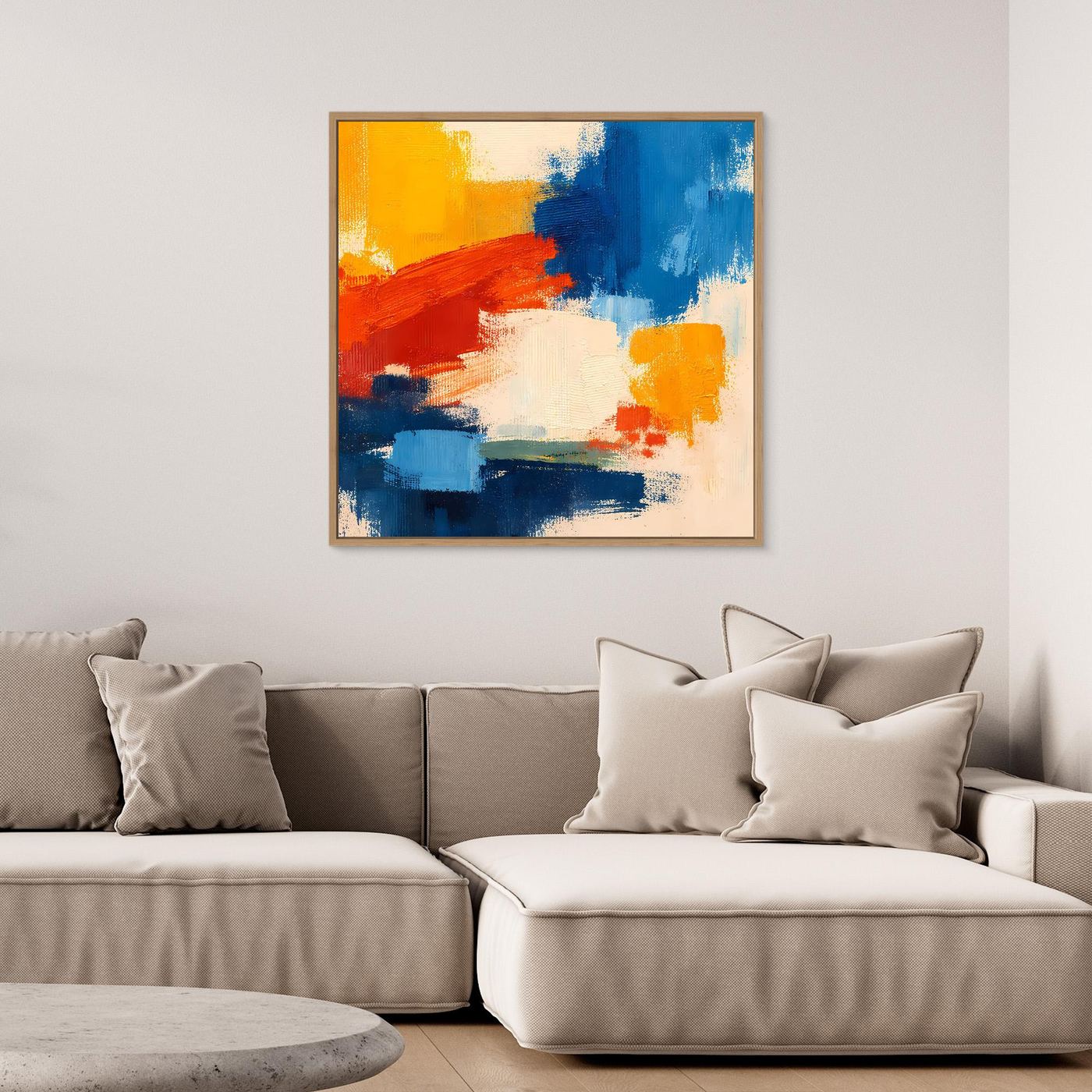 Abstract canvas wall art with blue, red, and yellow brush strokes in a gold frame