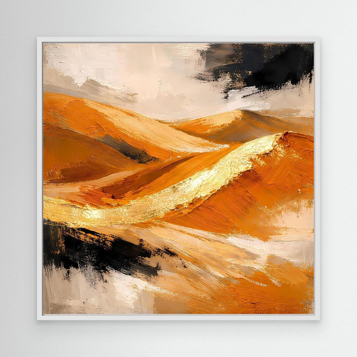 Weiß gerahmtes Leinwand-Wandbild mit abstrakten Dünen in Goldtönen, Orange und Dunkel