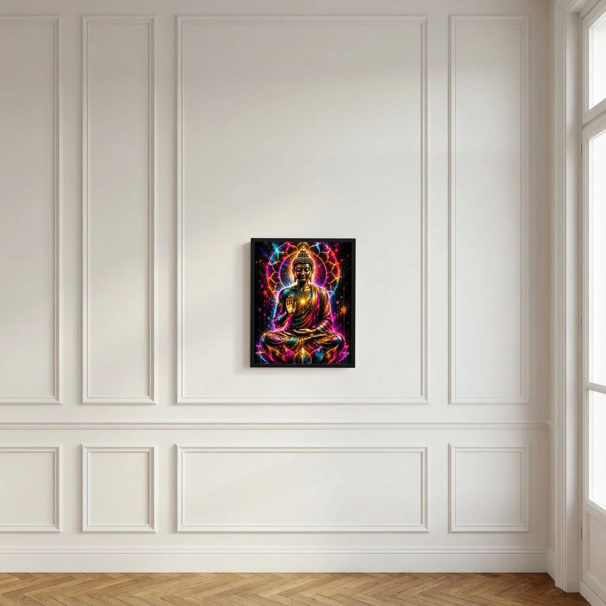 Neon-Buddha-Poster im schwarzen Rahmen: ruhender Buddha im Lotussitz mit Neon-Kreisen