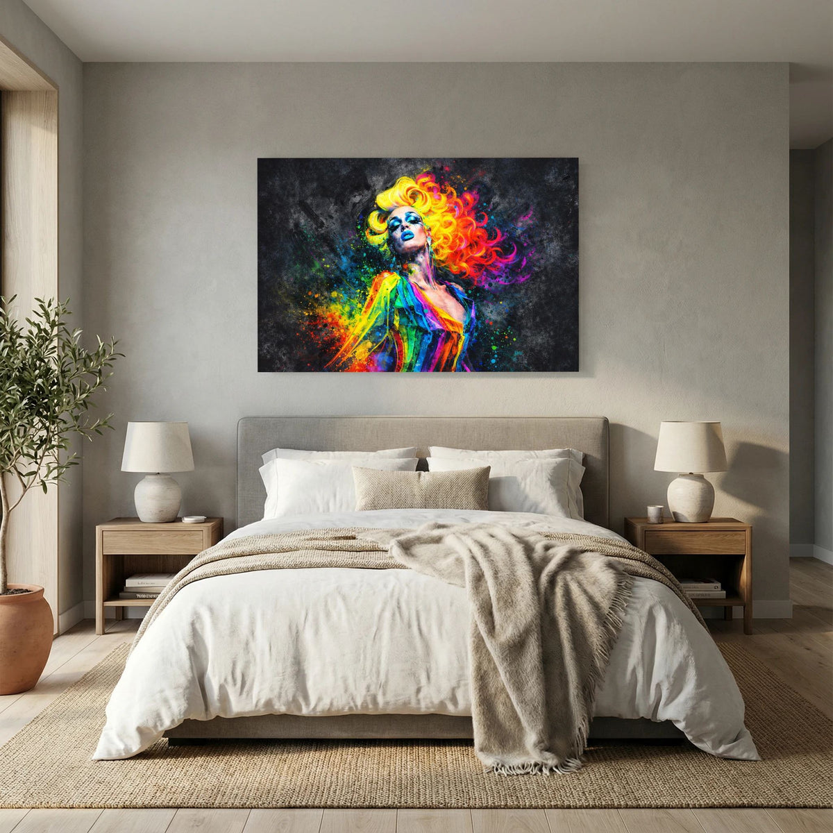 Pop-Art-Wandbild im Querformat: Frau mit regenbogenfarbenem Haar vor dunklem Hintergrund