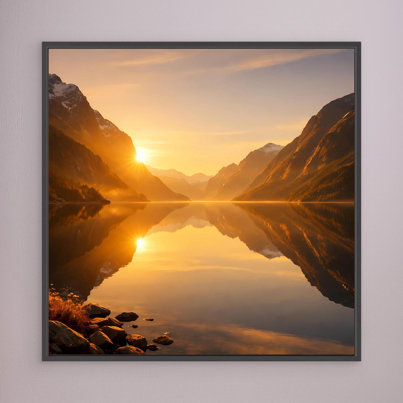 Leinwandbild mit Sonnenaufgang über Fjord, reflektierte Berge und Felsen, schwarzer Rahmen.