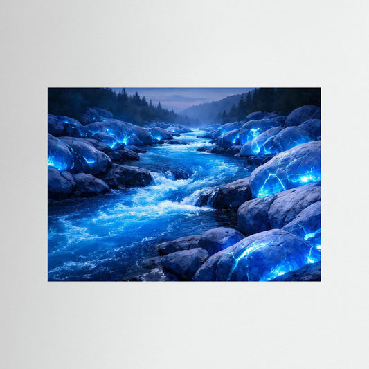 Gerahmtes Poster mit blau leuchtenden Steinen am Flusslauf