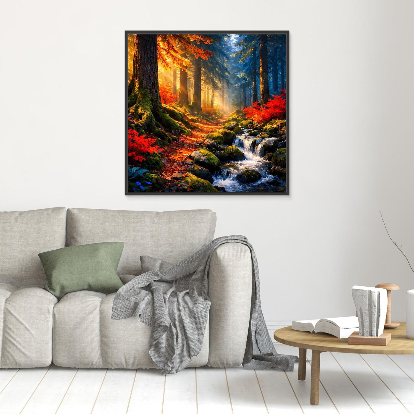Wandbild mit Herbstwald und Bach, warmes Licht, schwarzer Rahmen kleinformatig