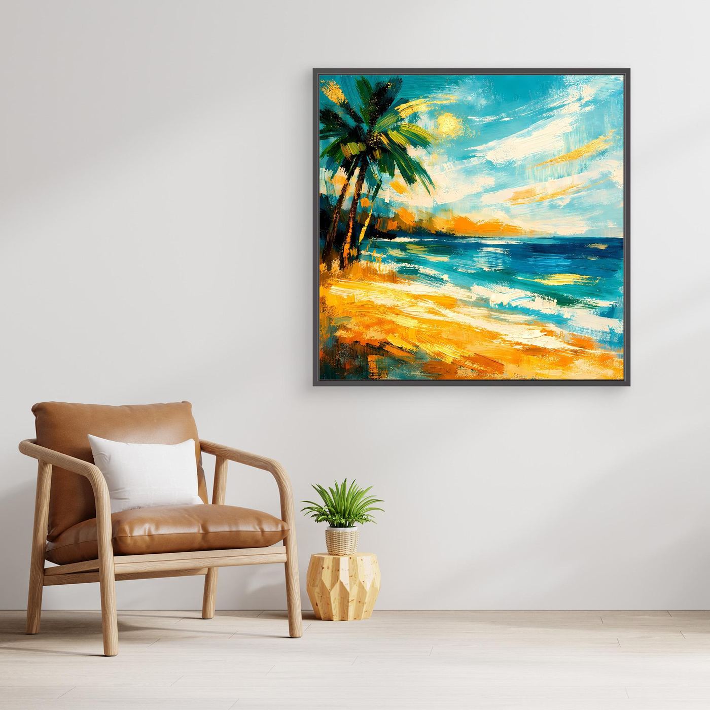 Leinwandbild mit abstrakter Palme am Strand, türkis-blaues Meer, schwarz gerahmt
