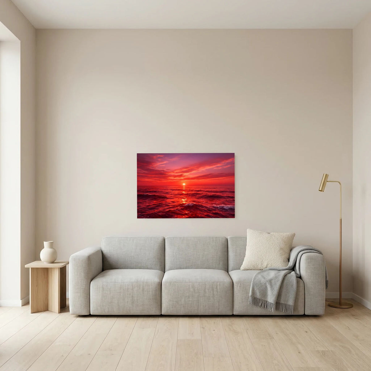 Kleines Querformat-Wandbild mit Sonnenuntergang über ruhigem Meer, kräftige Rottöne