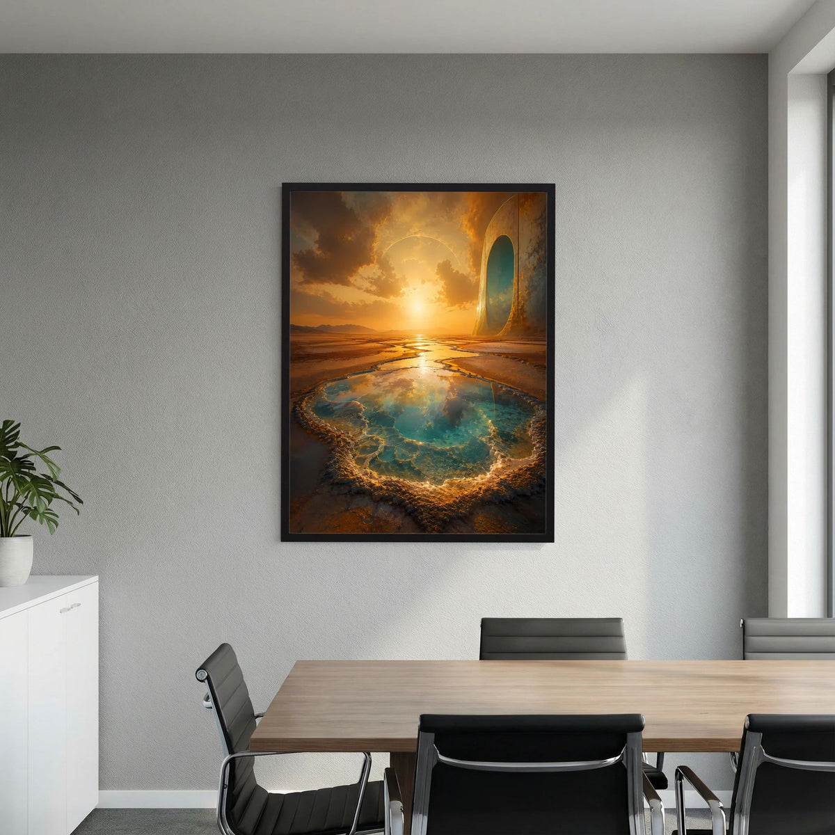 Gerahmtes Poster im Hochformat: goldenes Portal über türkisfarbener Quelle in dunkler Wüste
