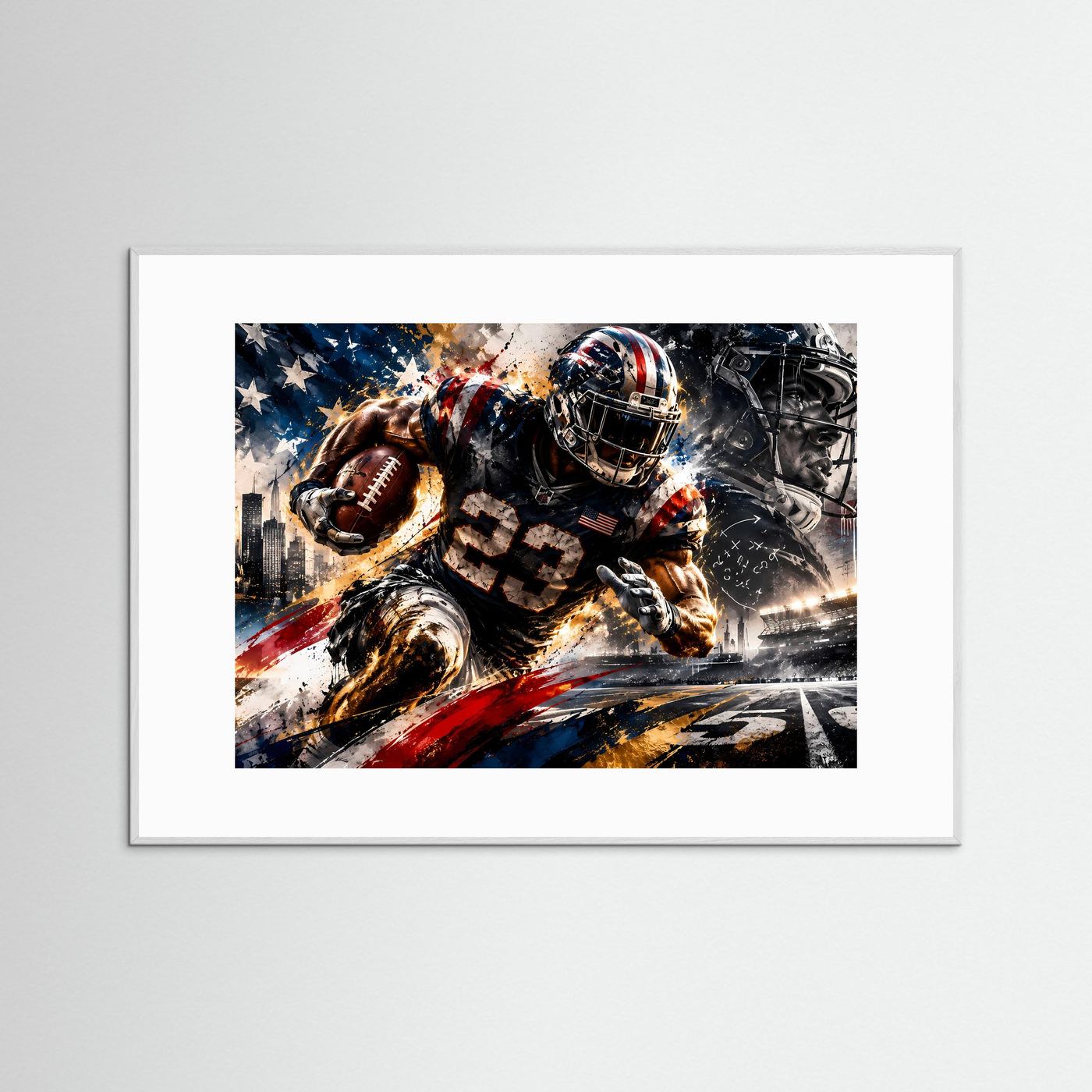 Poster im Querformat mit American-Football-Spieler in Aktion, weißer Holzrahmen