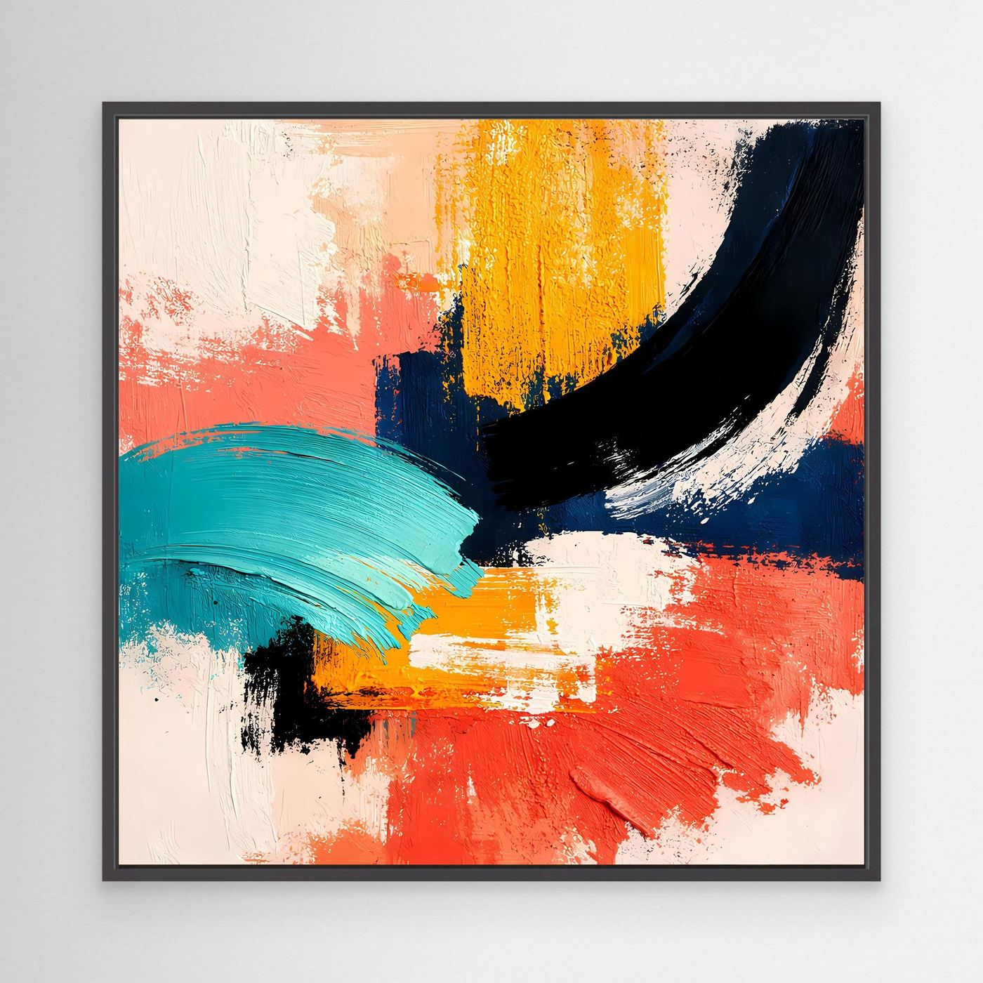 Abstract canvas wall art with black frame and coral, yellow, teal, navy, and black brush strokes.