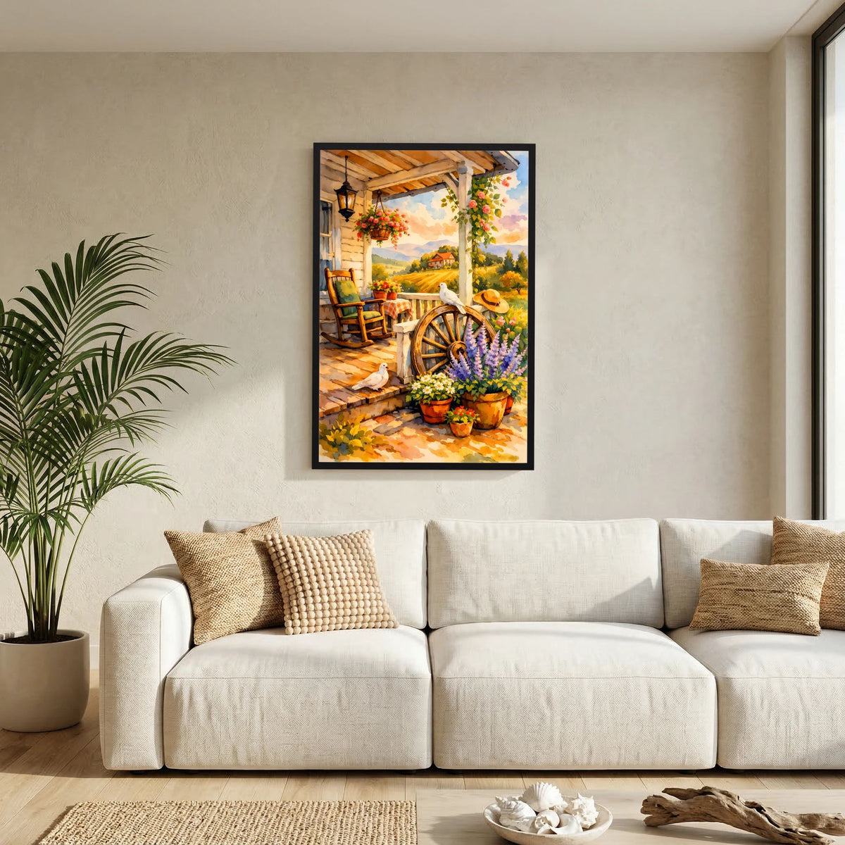 Wand-Kunstposter mit Veranda, Blumen und Tauben, Holzrad und Blumentöpfe, im Wohnraum