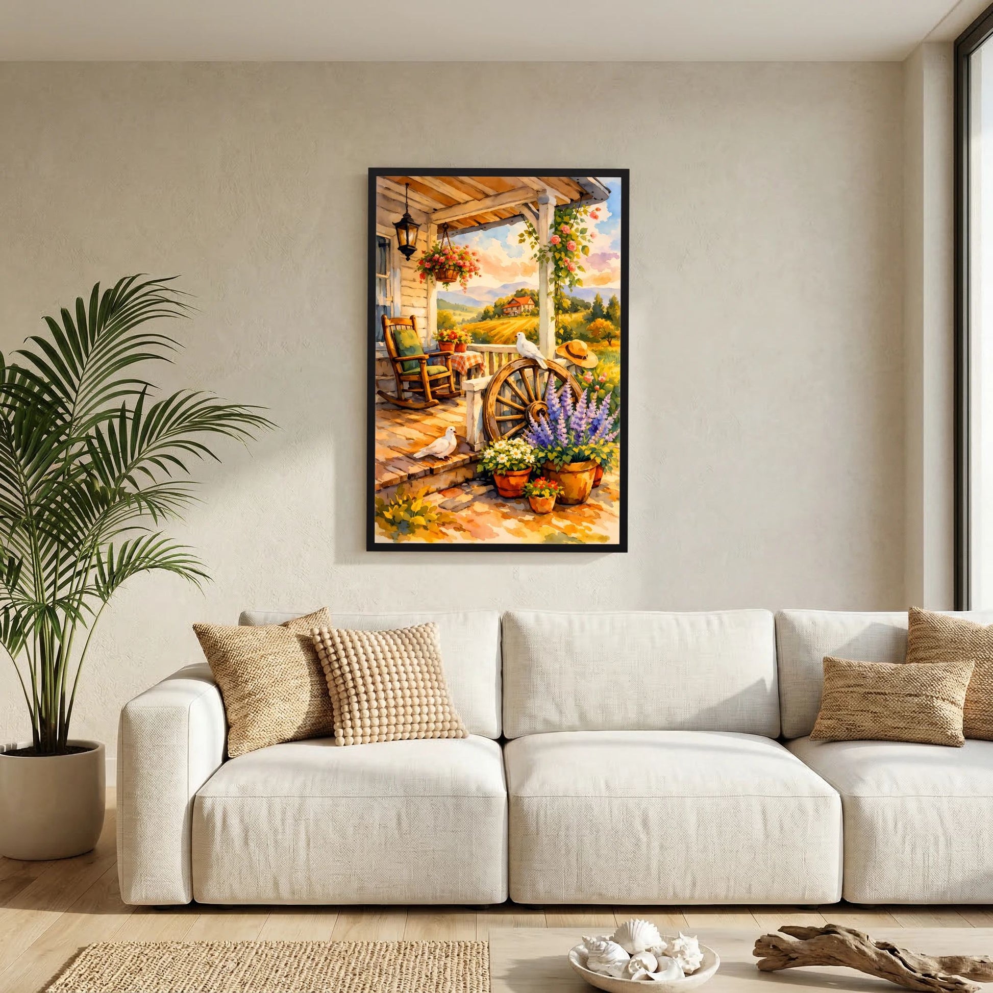 Wand-Kunstposter mit Veranda, Blumen und Tauben, Holzrad und Blumentöpfe, im Wohnraum
