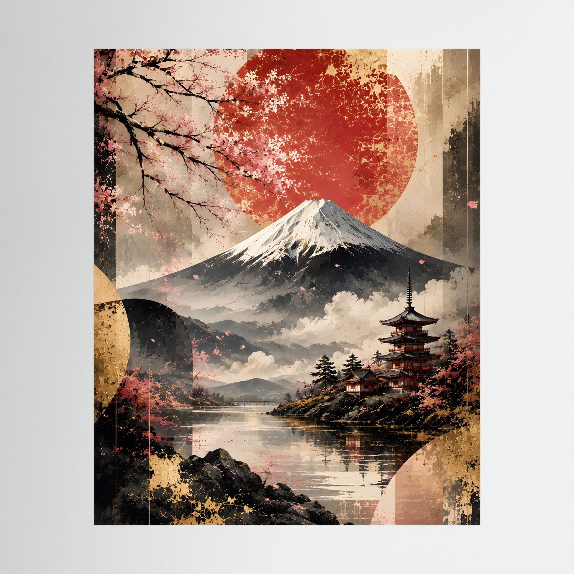 Japanisches Poster im Hochformat mit Fuji, roter Sonne, Kirschblüten und Pagode.
