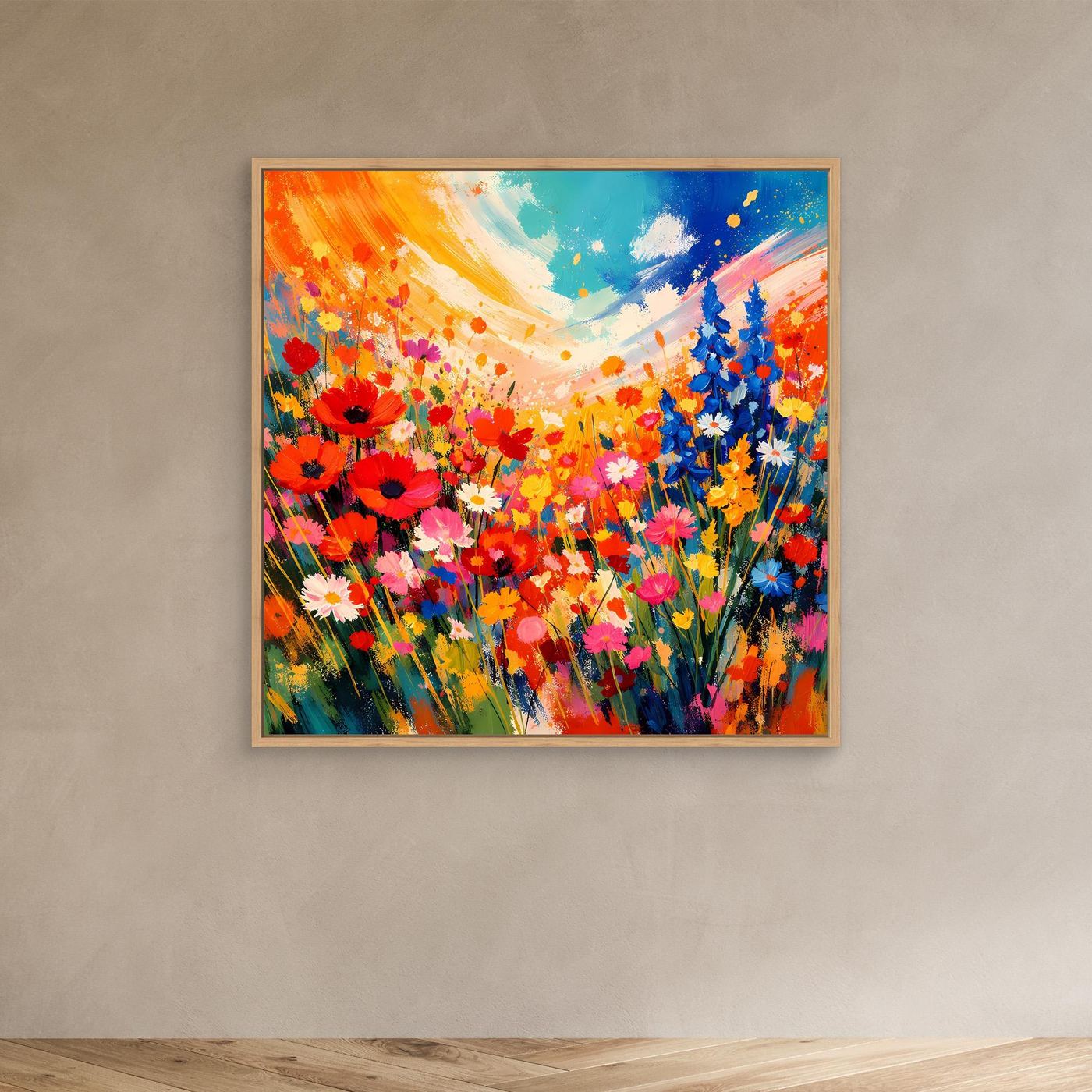 Leinwandbild mit abstrakter bunten Blumenwiese, rote und blaue Blüten, Eichenrahmen