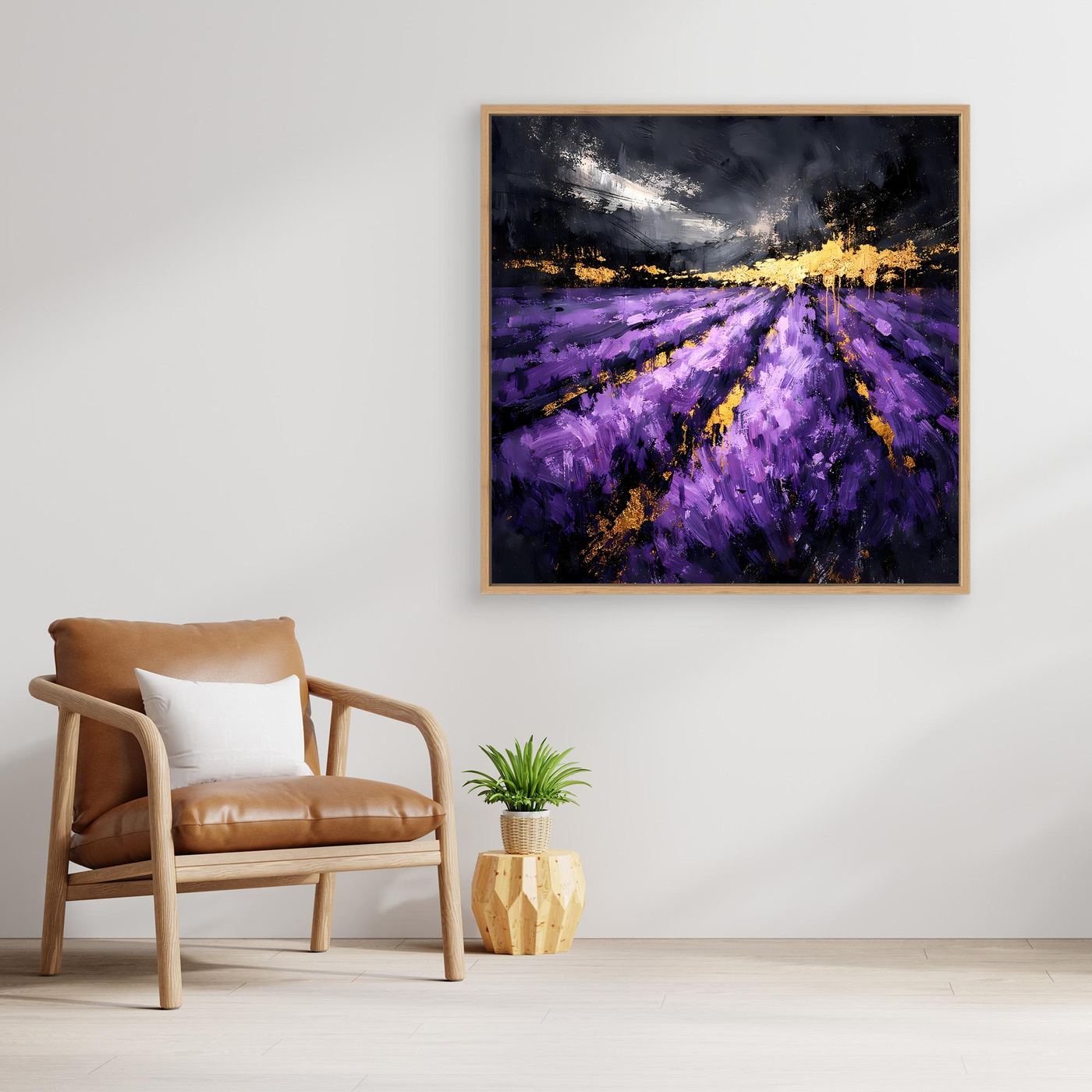 Leinwand Abstraktes Lavendelfeld in Lila und Gold | Modernes Natur Landschafts Wandbild