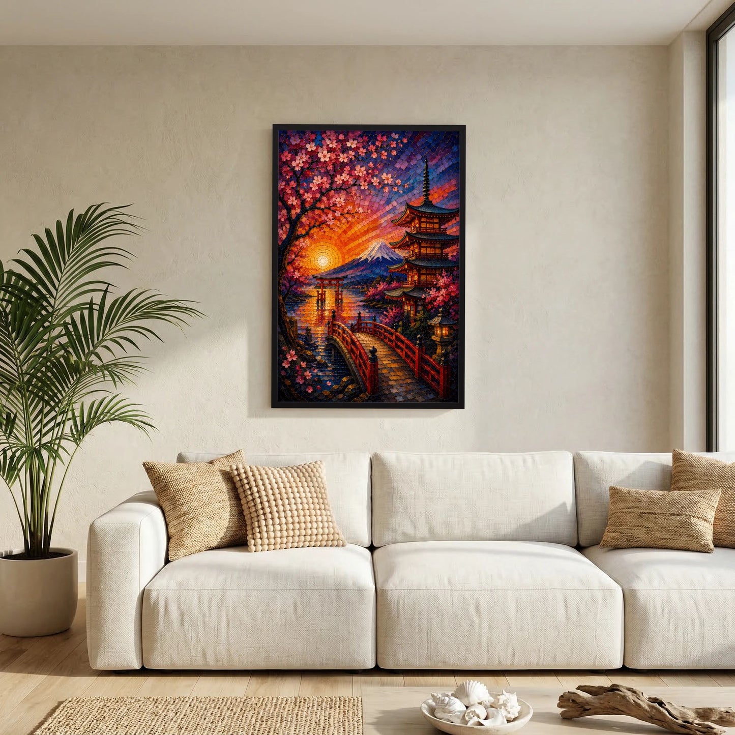 Hochformat-Poster im Mosaikstil mit Kirschblüten, Pagode und Fuji bei Sonnenuntergang, schwarzer Rahmen