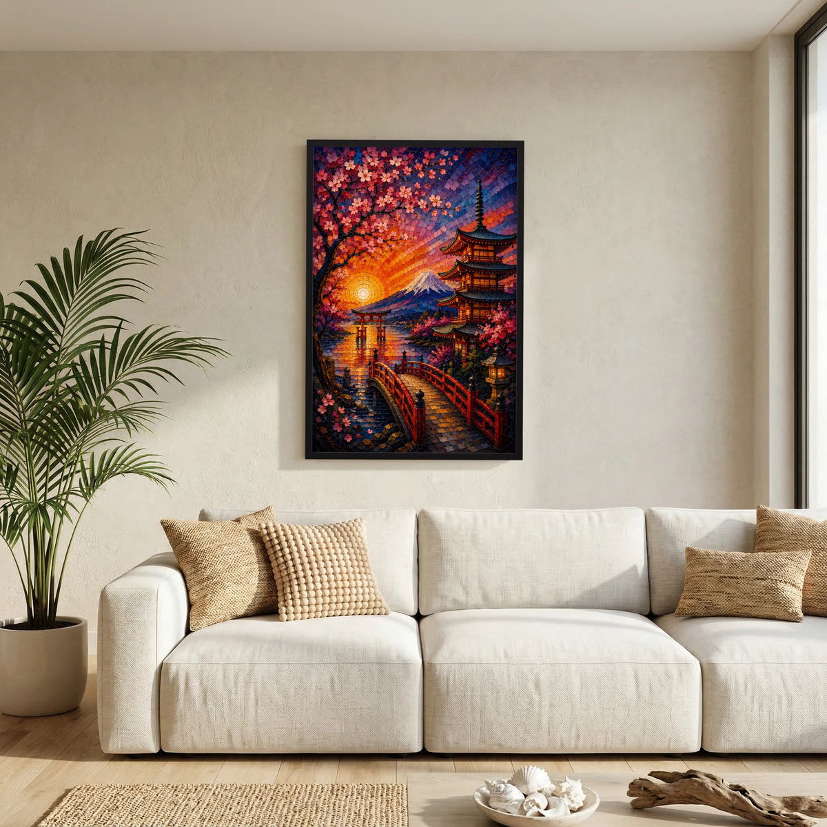 Hochformat-Poster im Mosaikstil mit Kirschblüten, Pagode und Fuji bei Sonnenuntergang, schwarzer Rahmen