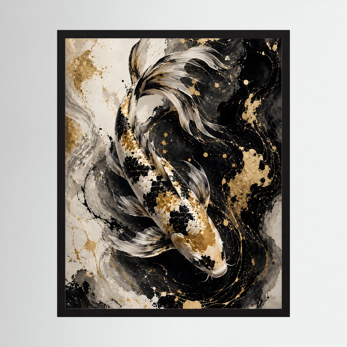 Koi-Wandposter mit abstraktem Karpfenmotiv, schwarz-weiß-gold, im schwarzen Rahmen