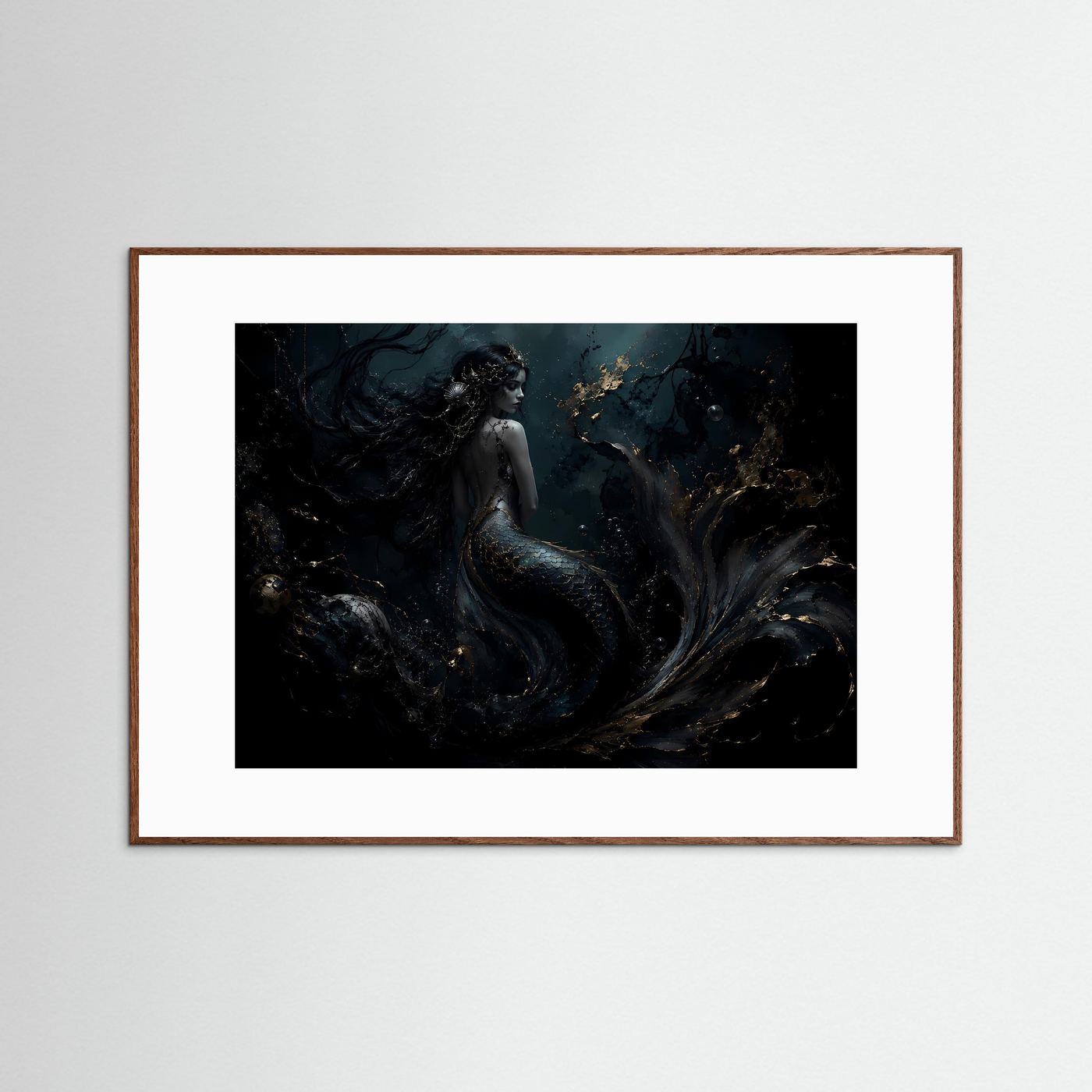 Meerjungfrau Poster | Mystische Unterwasser Kunst | Dunkle Fantasy Wanddeko | Gold Schwarz Leinwandbild | Elegante Meereskunst