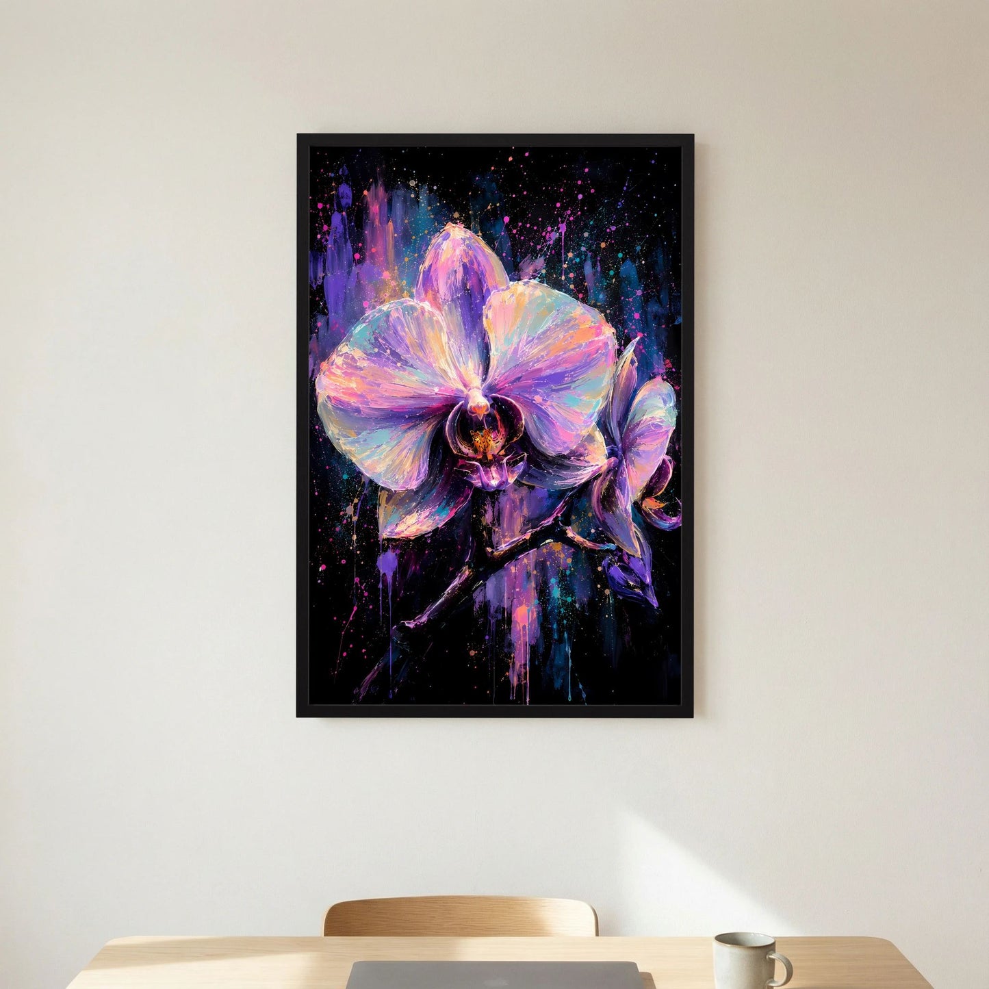 Kunstposter mit abstrakter Neon-Orchidee in Lila, Rosa und Blau im schwarzen Rahmen