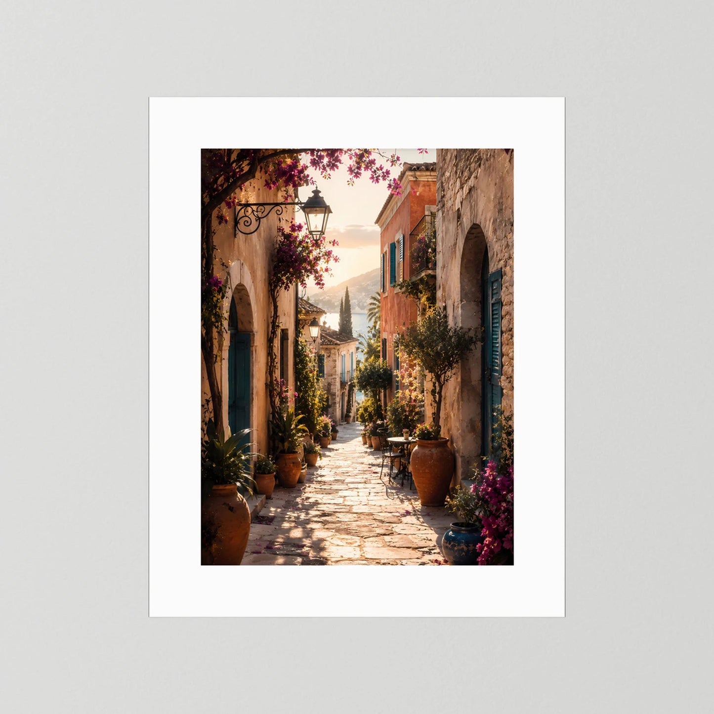 Ungefasstes Hochformat-Poster mit mediterraner Gasse, Bögen, Pflanzkübeln und violetten Blüten.