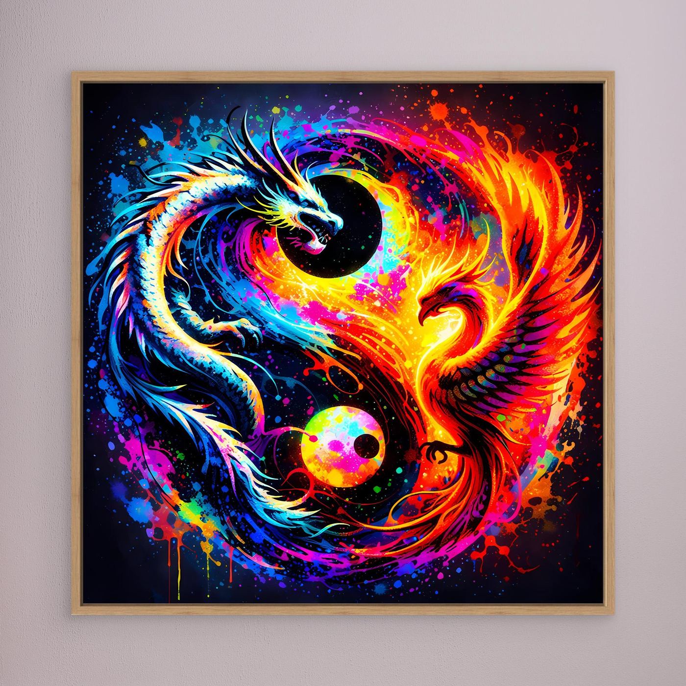 Gerahmtes Leinwandbild mit Drachen- und Phönix-Yin-Yang-Motiv, Holzrahmen