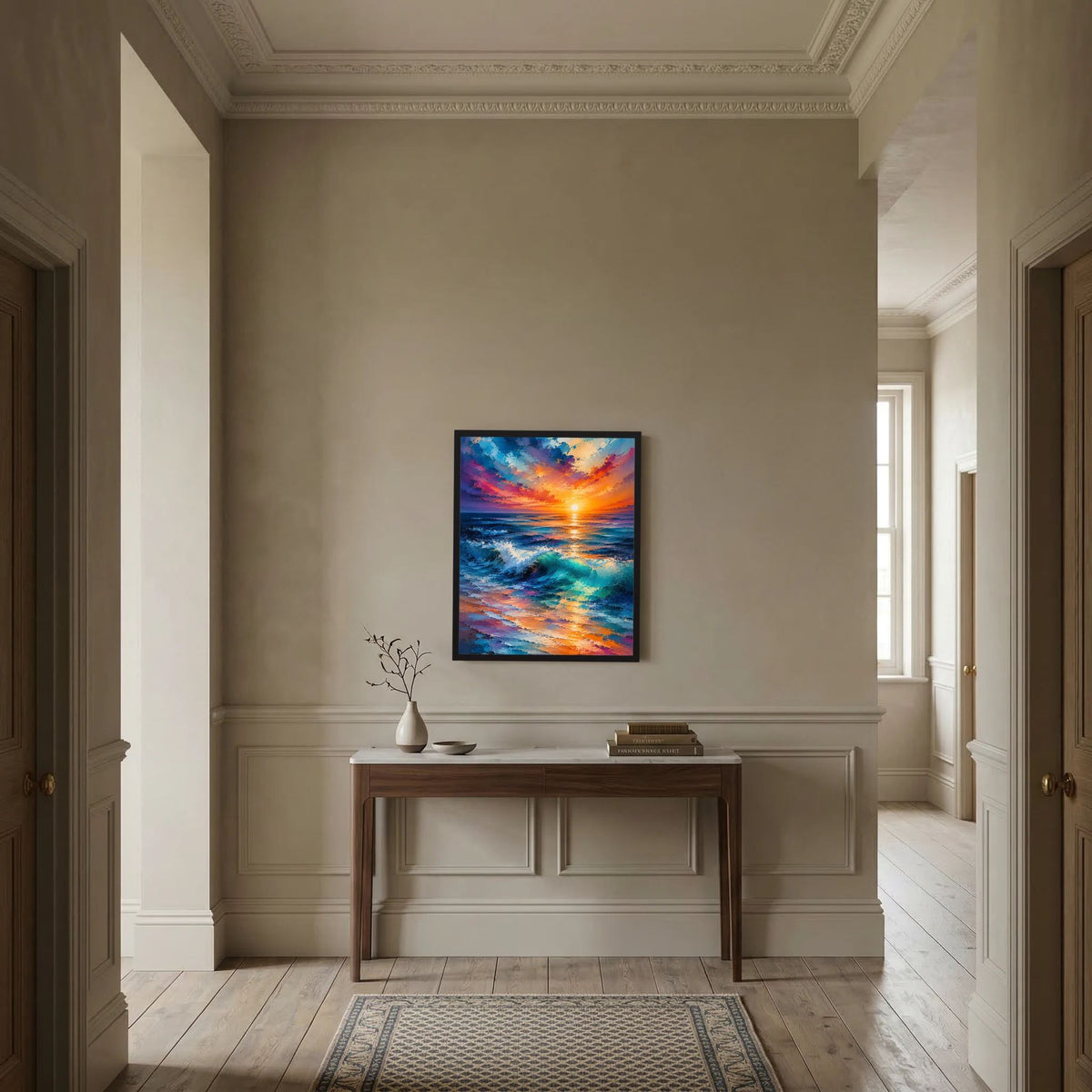 Gerahmtes Poster im Hochformat mit Sonnenuntergang über dem Meer und farbigen Wellen