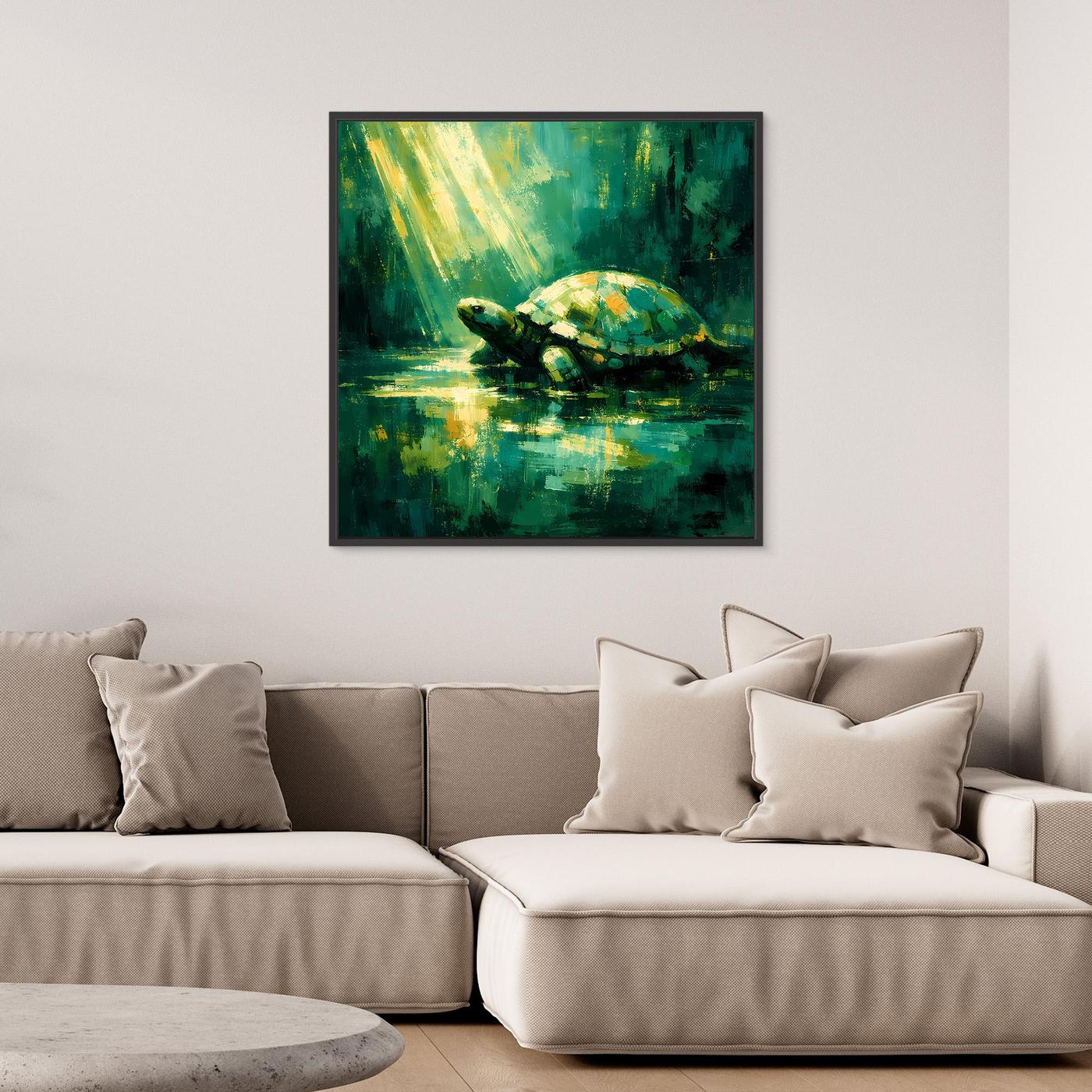Leinwand Mystische Schildkröte im Lichtstrahl | Abstraktes Natur Wandbild Grün