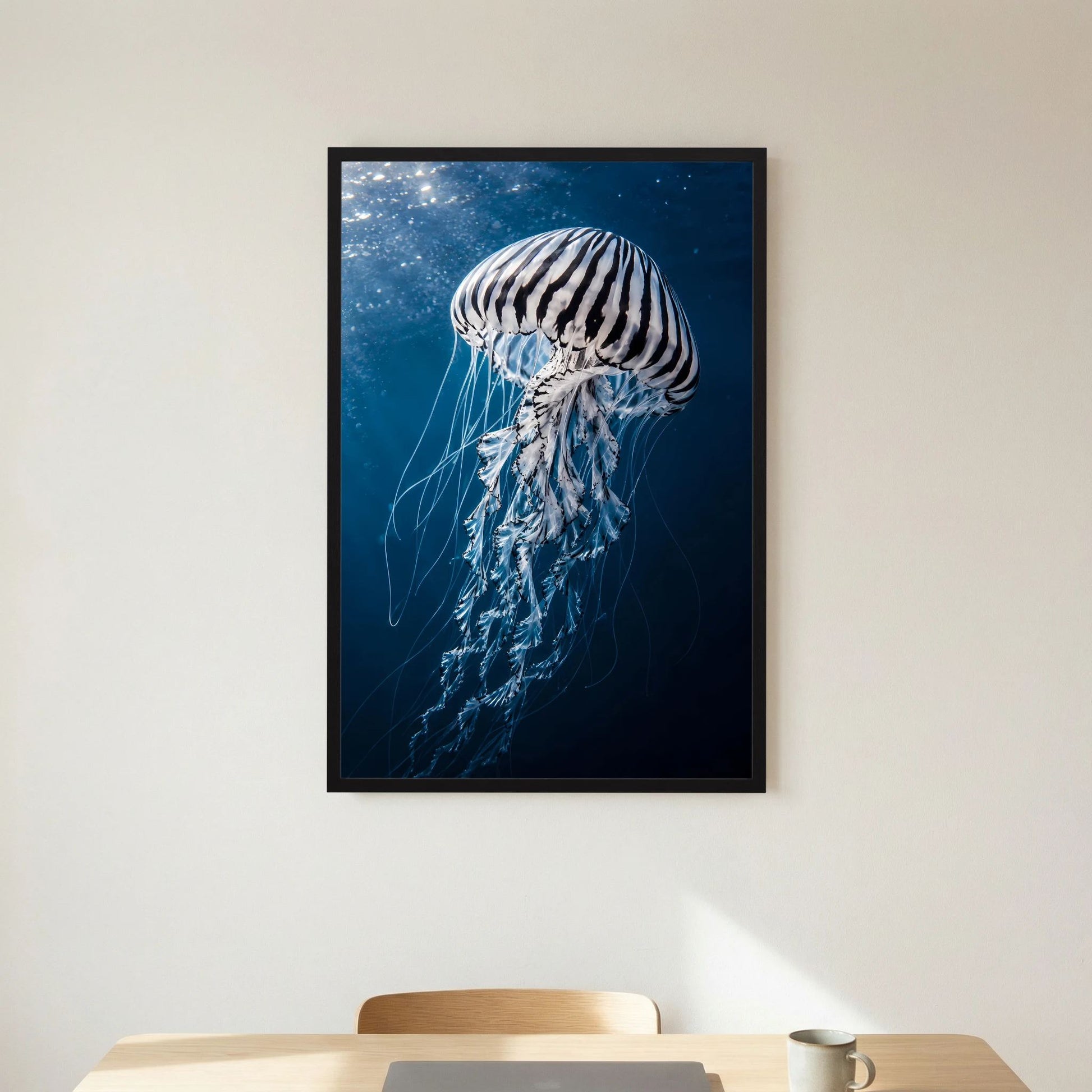 Poster mit Qualle im schwarzen Rahmen, Nahansicht: blaues Unterwasserbild mit gestreifter Qualle
