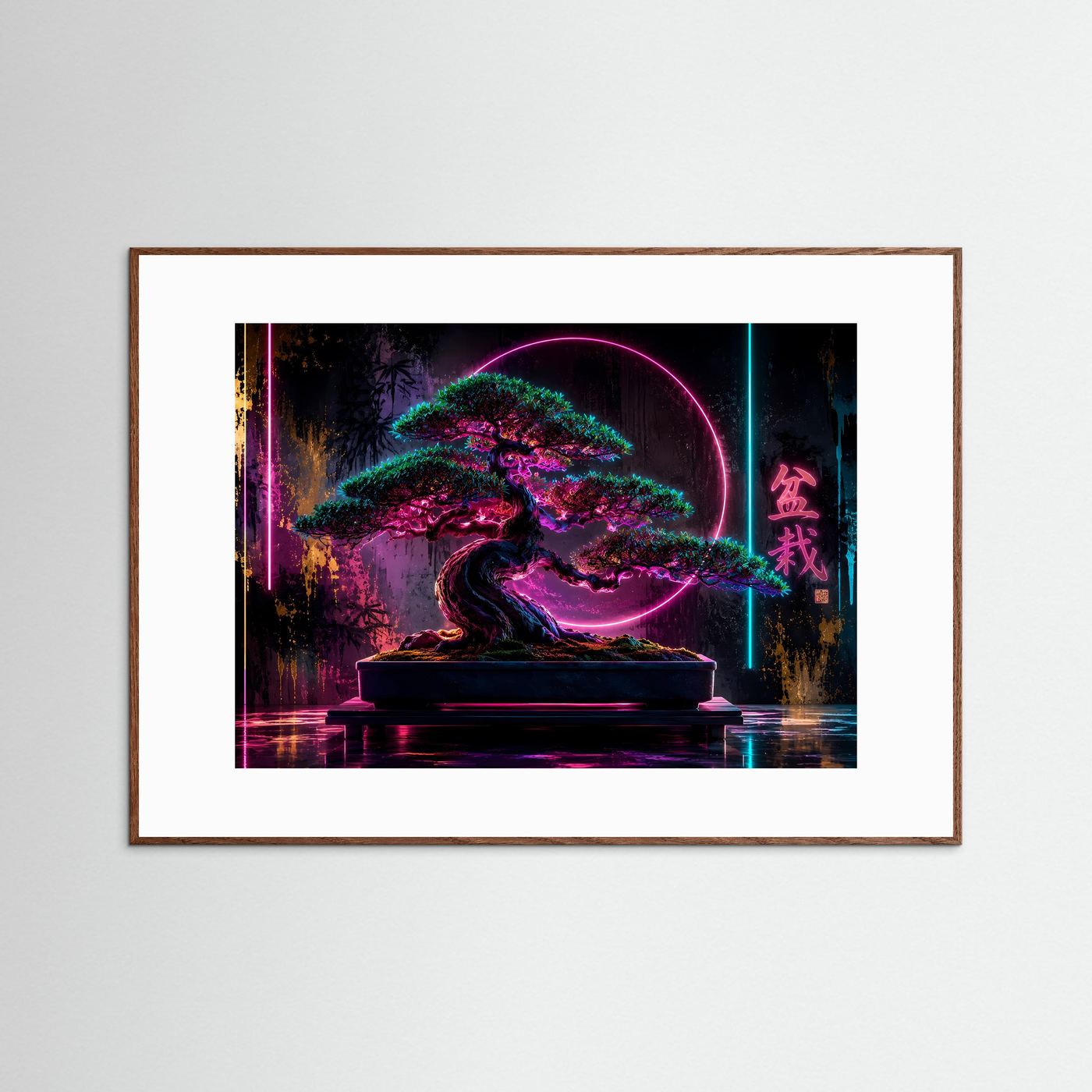 Neon Bonsai Poster | Japanische Zen Kunst | Cyber Bonsai Baum | Futuristische Wandkunst | Fine Art Print