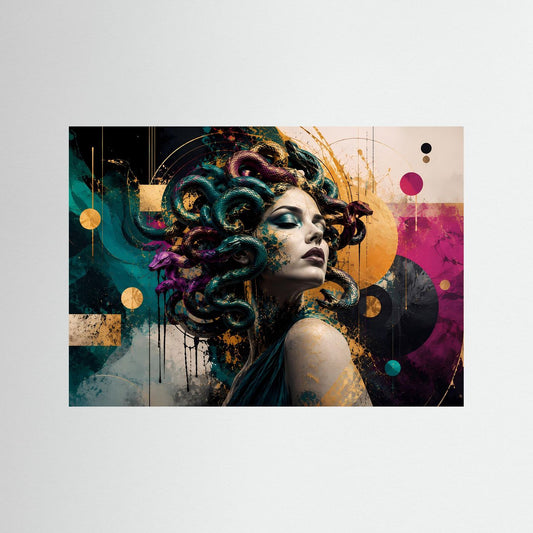 Buntes Leinwandposter mit Frauenprofil und Medusenhaar in abstraktem Fantasy-Motiv