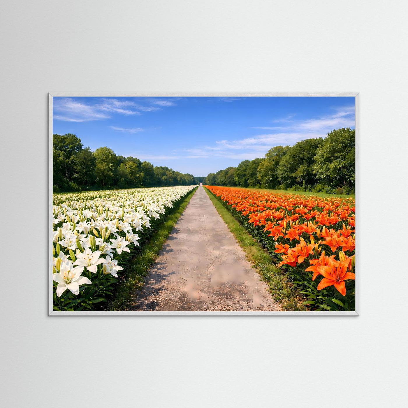 Prachtvolles Lilienfeld mit Allee-Weg | Weiße & Orange Blüten Natur Poster Querformat