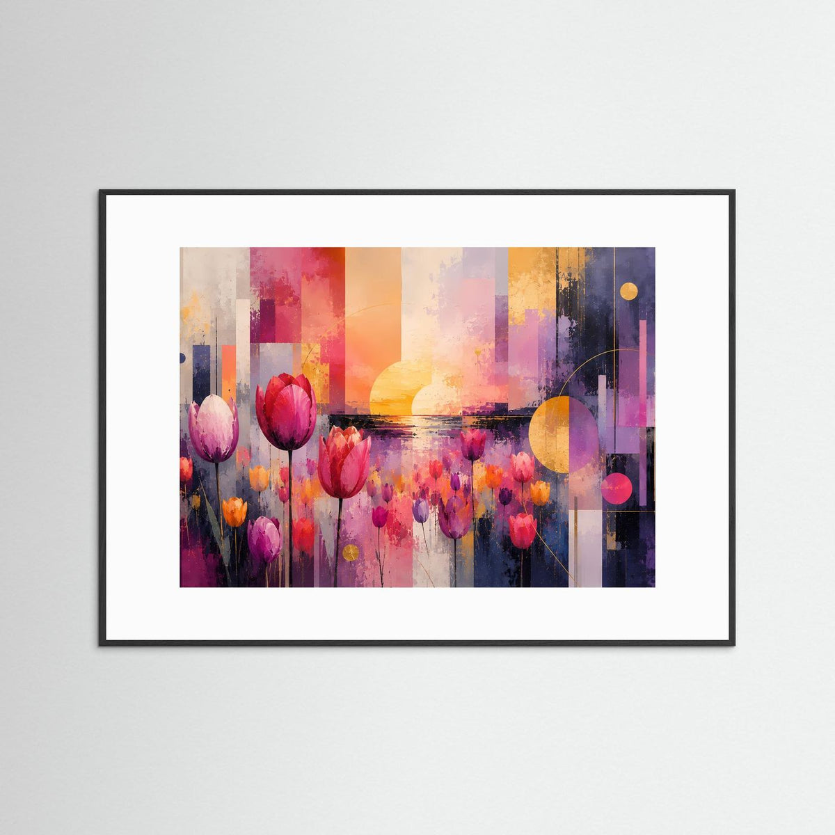 Abstraktes Tulpenfeld-Poster mit schwarzem Rahmen und weißem Passepartout, Querformat