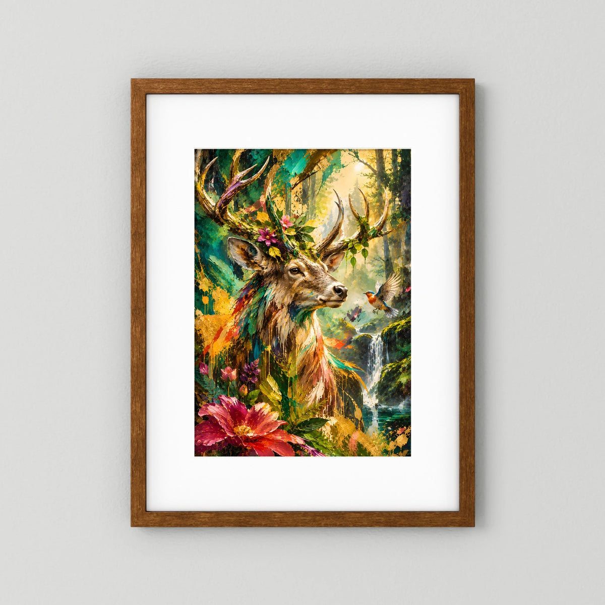 Hochformatiges Tierposter: Hirsch vor buntem Wald, Blumen im Vordergrund, dunkler Holzrahmen