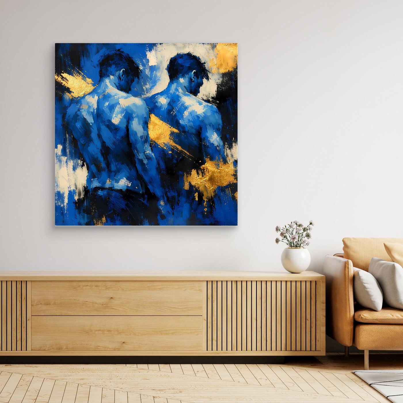 Leinwand Zwei Brüder in Blau | Abstraktes Männlicher Rücken Wandbild Gold