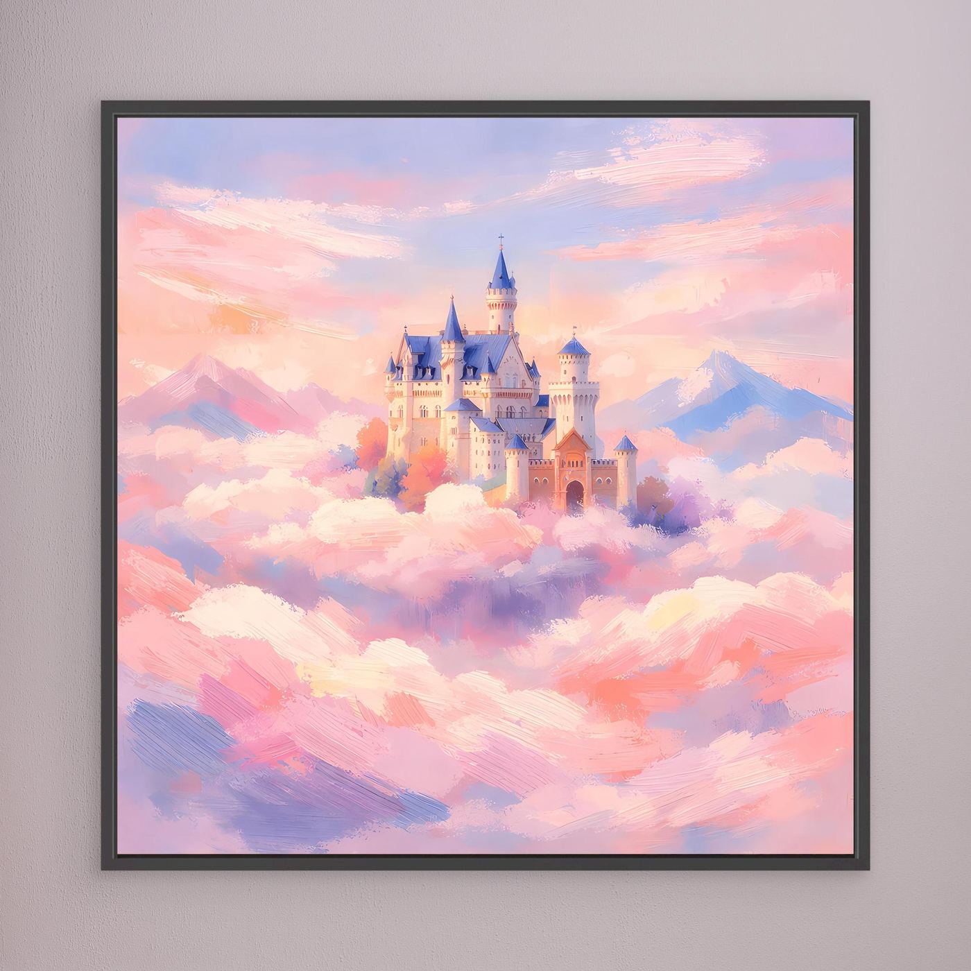 Leinwand Schloss Neuschwanstein über Wolken | Märchenhafte Pastelltöne Wandbild