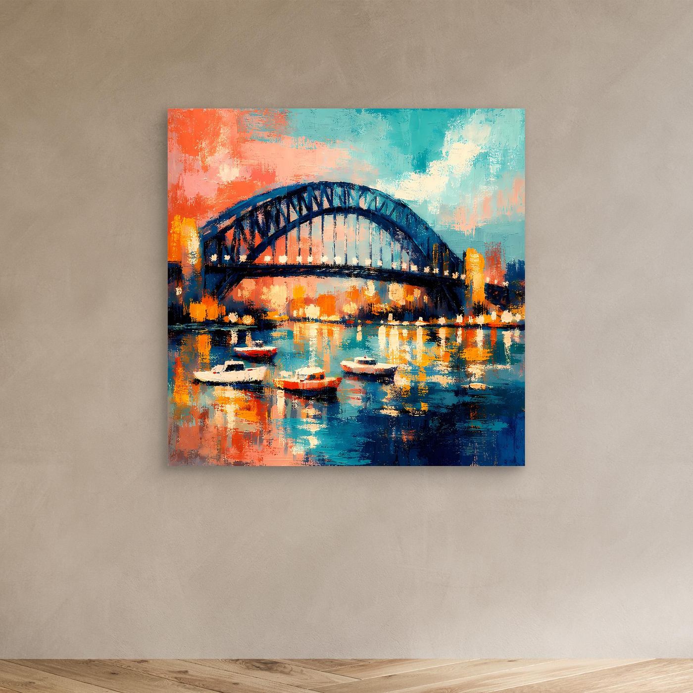 Abstraktes Leinwandbild mit Harbour-Brücke, Booten und leuchtenden Farbflecken im Wasser