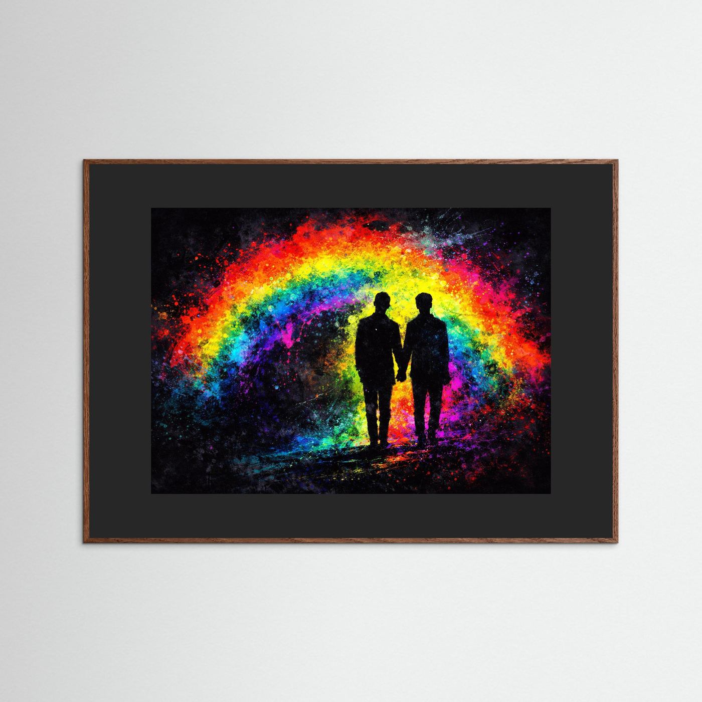 Wandbild mit Regenbogen und zwei stehenden Silhouetten, dunkler Holzrahmen
